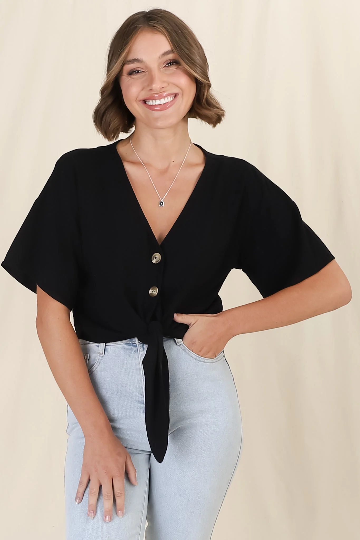 Lanara Top - Button Front Tie Up Top In Black - Image 12
