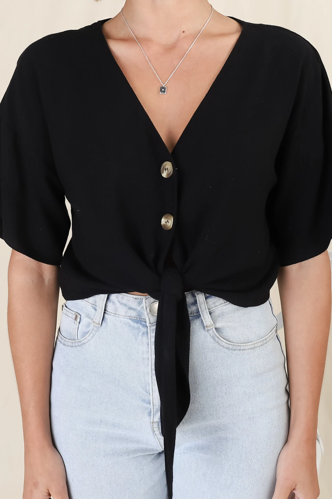 Lanara Top - Button Front Tie Up Top In Black - Image 16