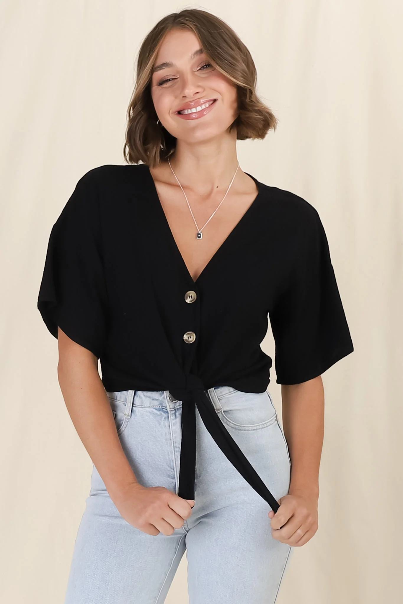 Lanara Top - Button Front Tie Up Top In Black - Image 7