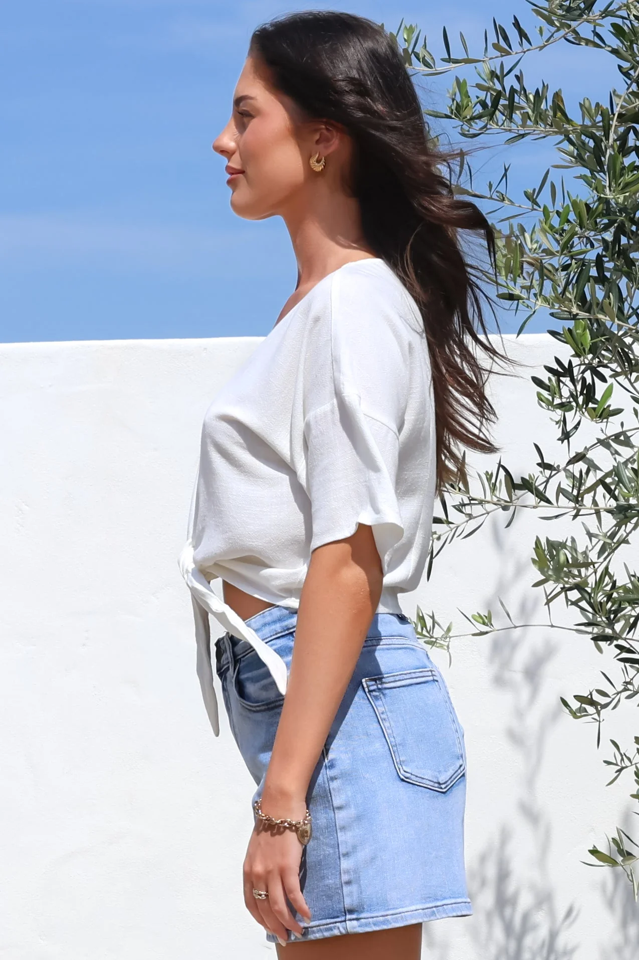 Lanara Top - Button Front Tie Up Top in White - Image 17