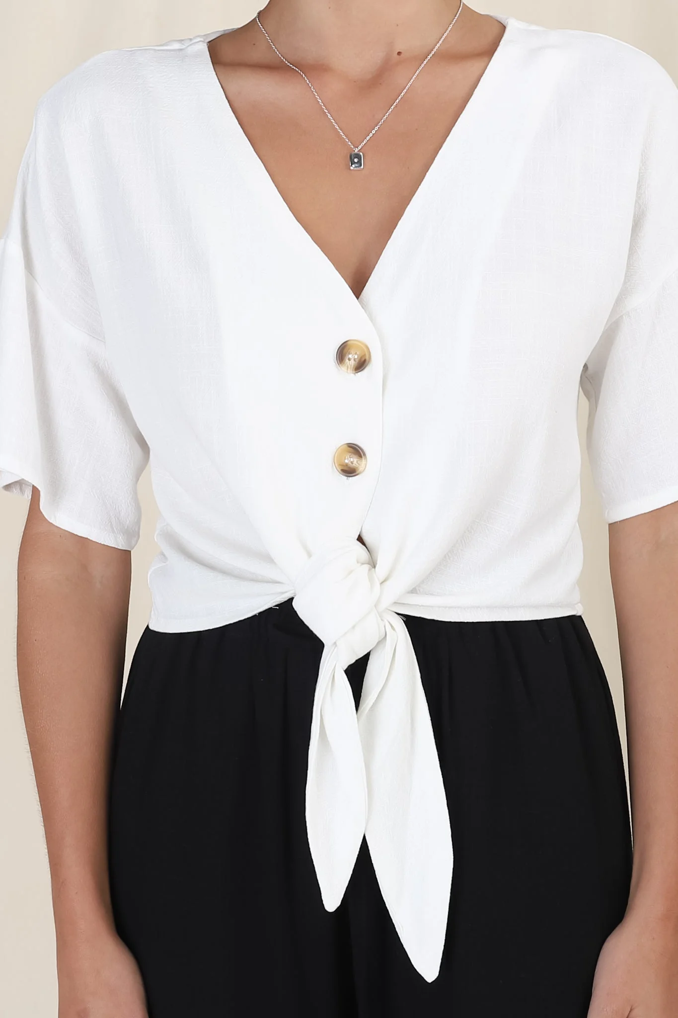 Lanara Top - Button Front Tie Up Top in White - Image 7