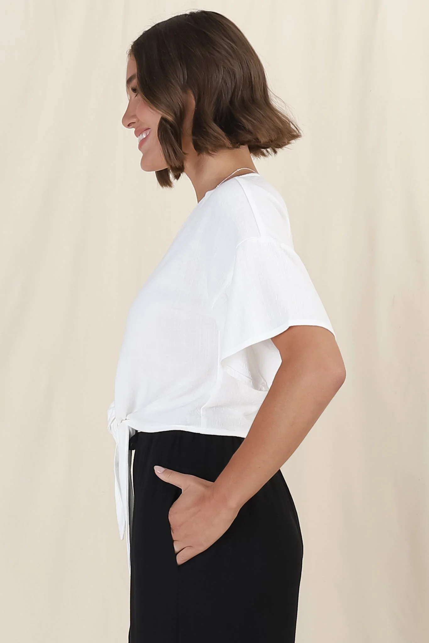 Lanara Top - Button Front Tie Up Top in White - Image 8