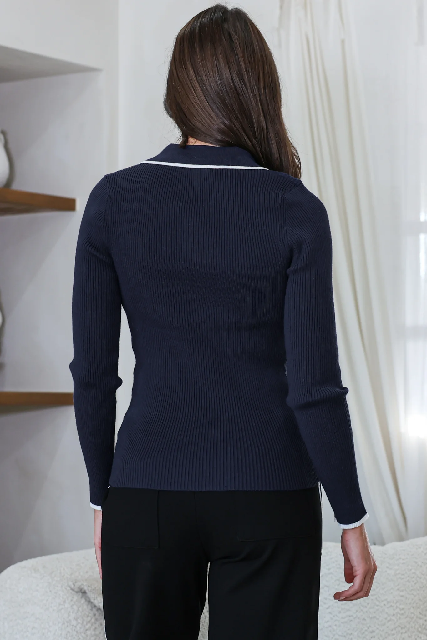Landon Knit Top - Wing Collar Ribbed Knit with Contrast Trims and Buttoned Neckline in Navy - Image 6