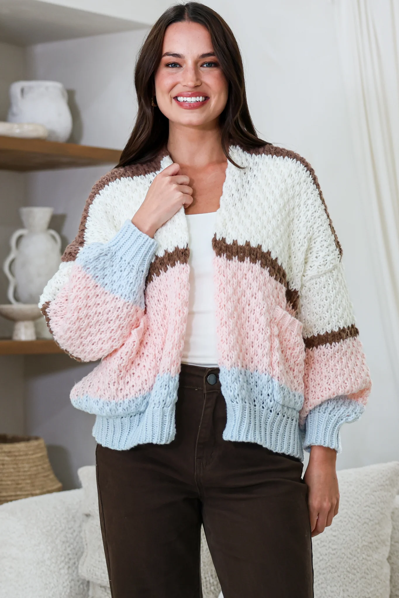 Lane Cardigan - Cropped Open Lattice Knit with Pockets and Balloon Sleeves in Marshmallow - Image 3