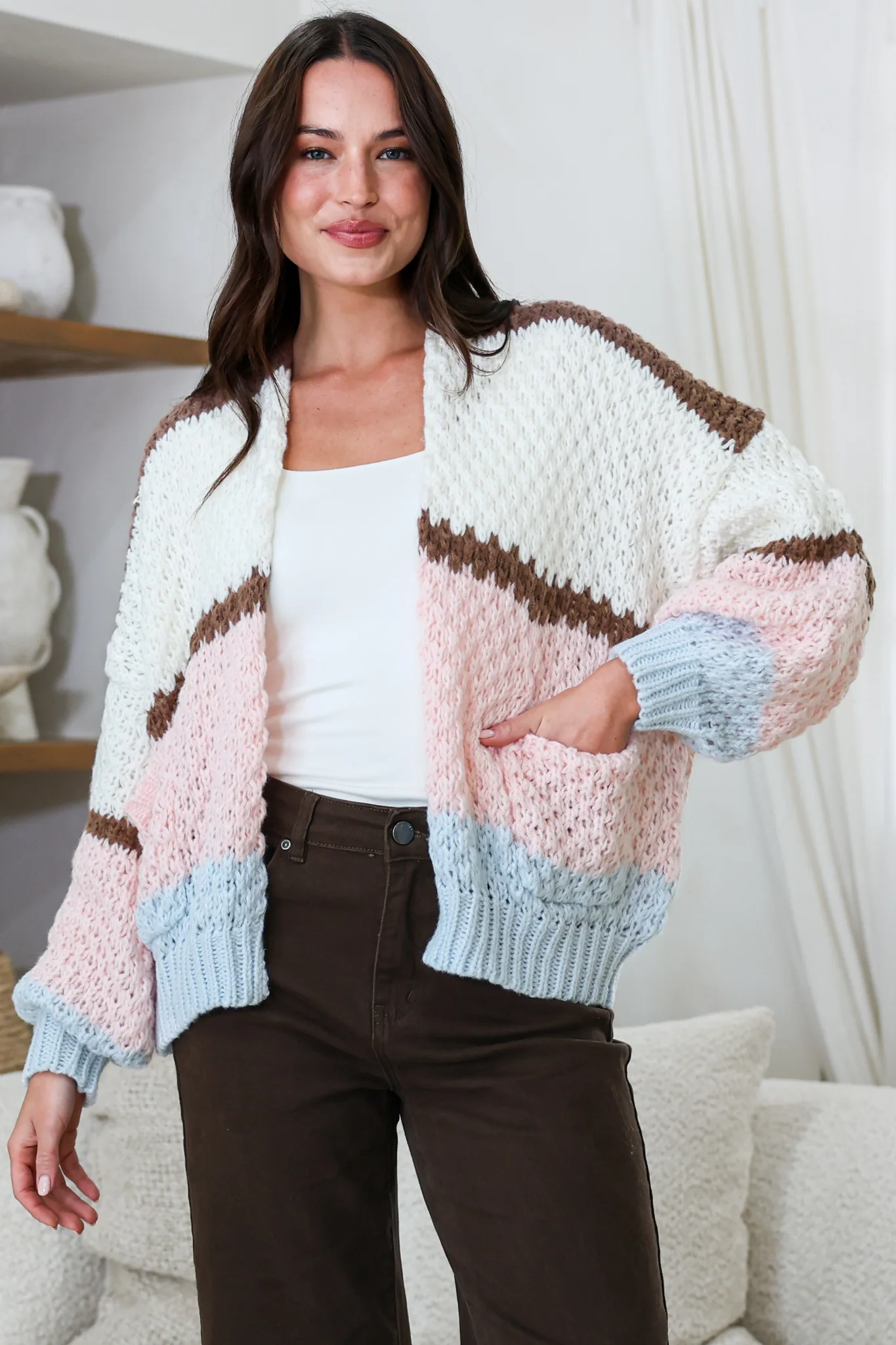 Lane Cardigan - Cropped Open Lattice Knit with Pockets and Balloon Sleeves in Marshmallow - Image 4