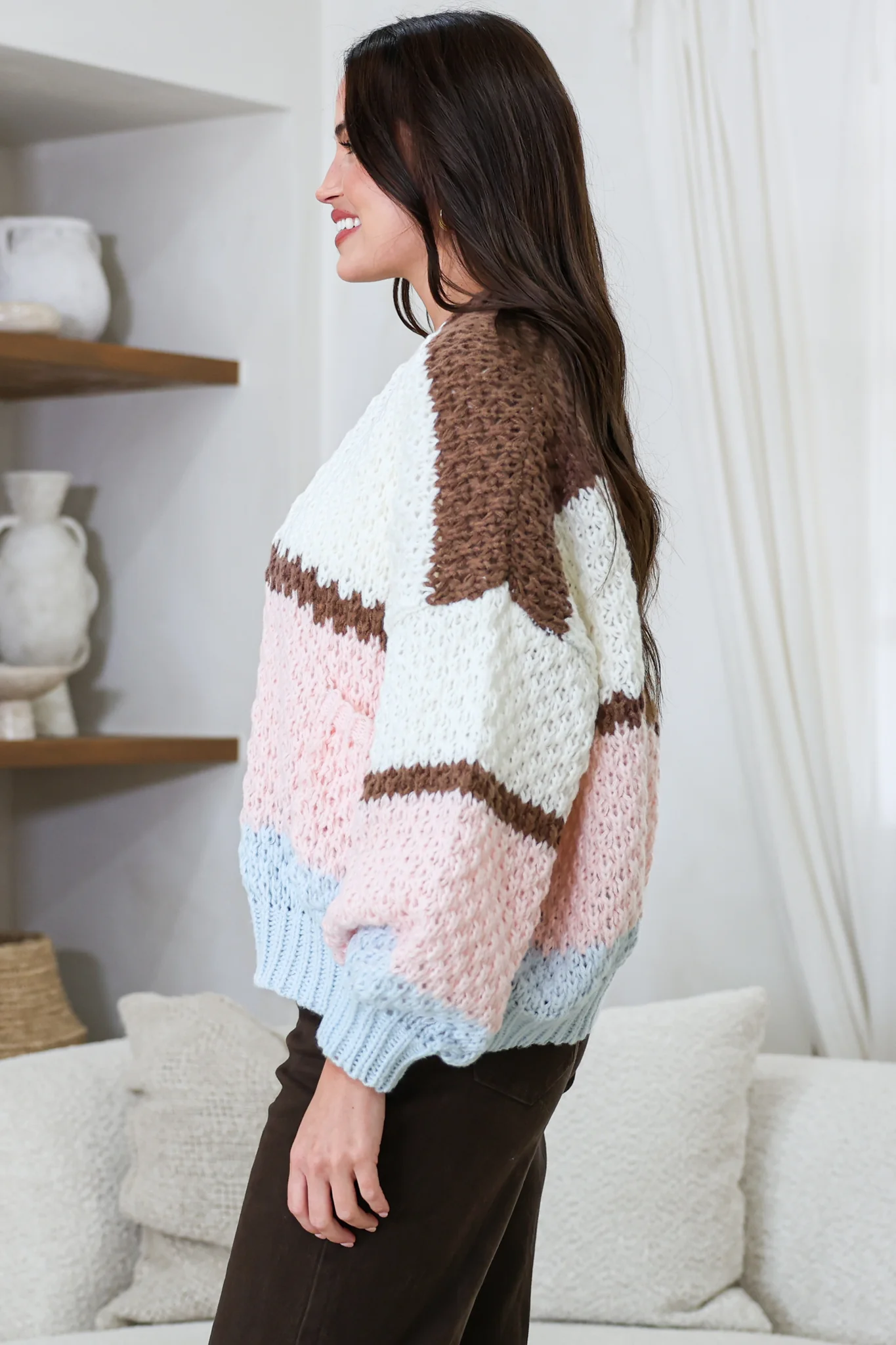 Lane Cardigan - Cropped Open Lattice Knit with Pockets and Balloon Sleeves in Marshmallow - Image 6