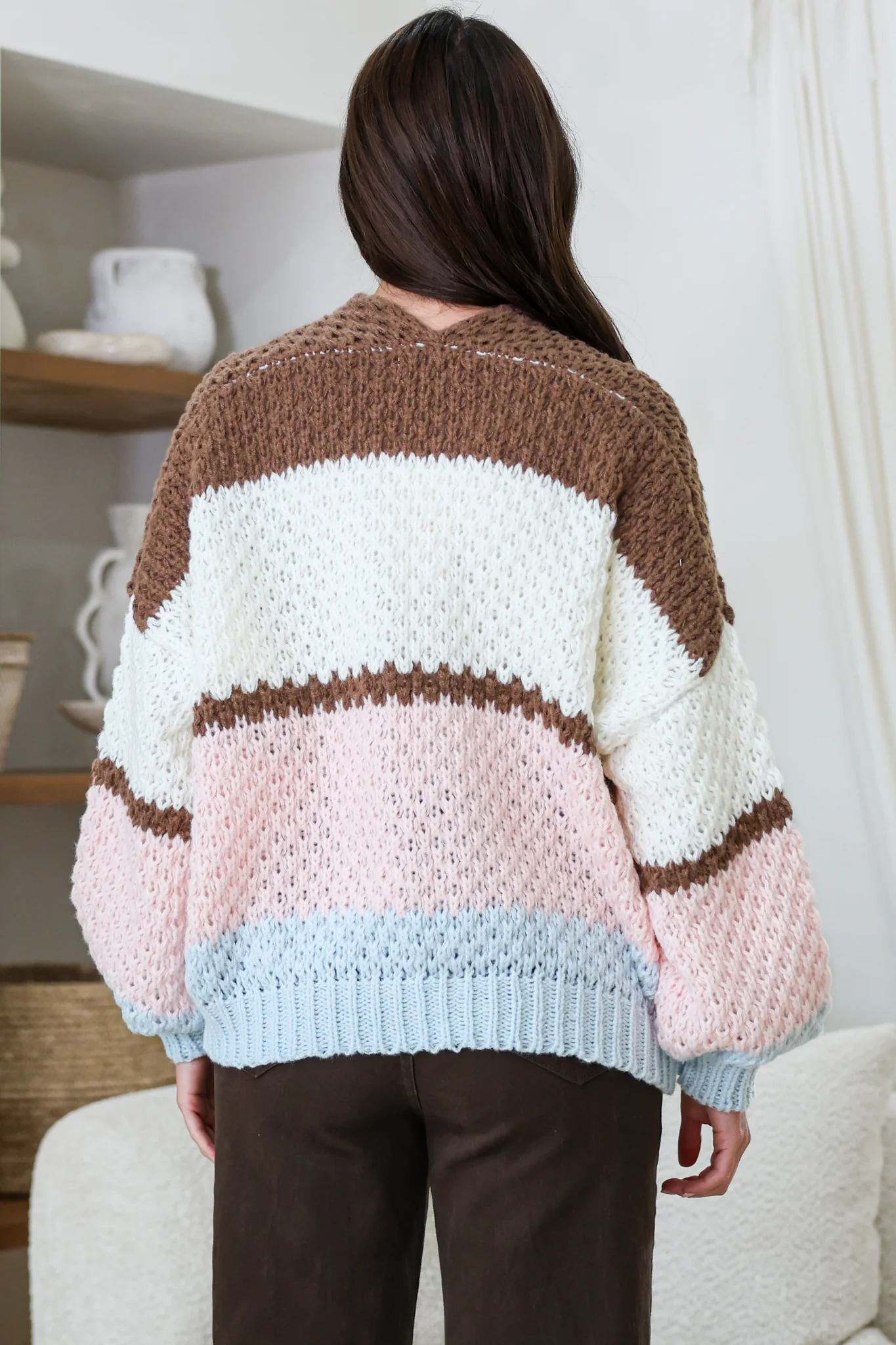 Lane Cardigan - Cropped Open Lattice Knit with Pockets and Balloon Sleeves in Marshmallow - Image 7