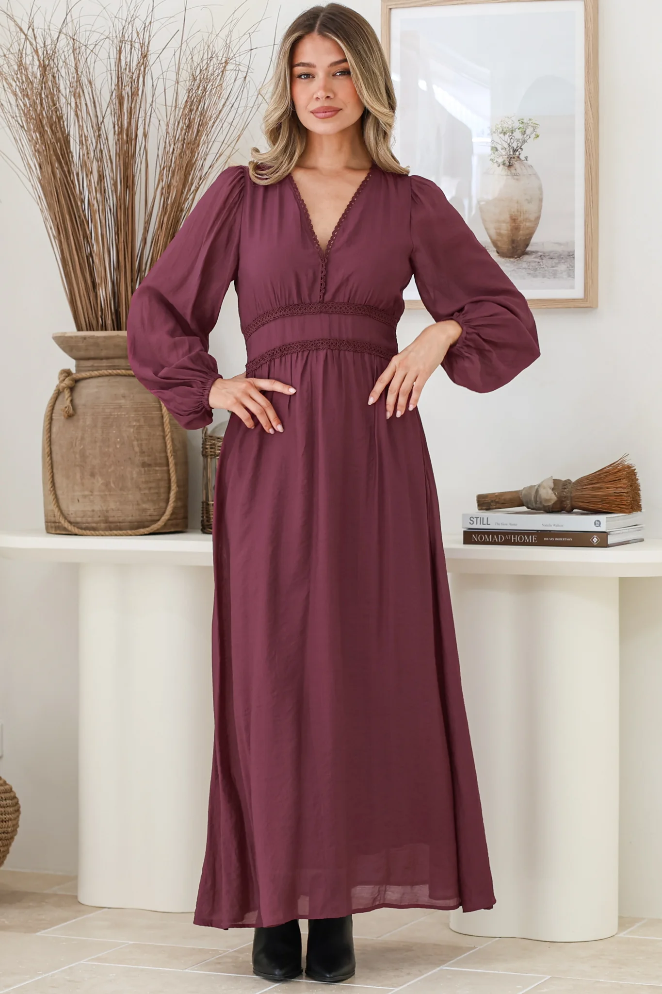 Lauder Maxi Dress - Lace Trim A-Line Dress with Balloon Sleeves in Plum - Image 2