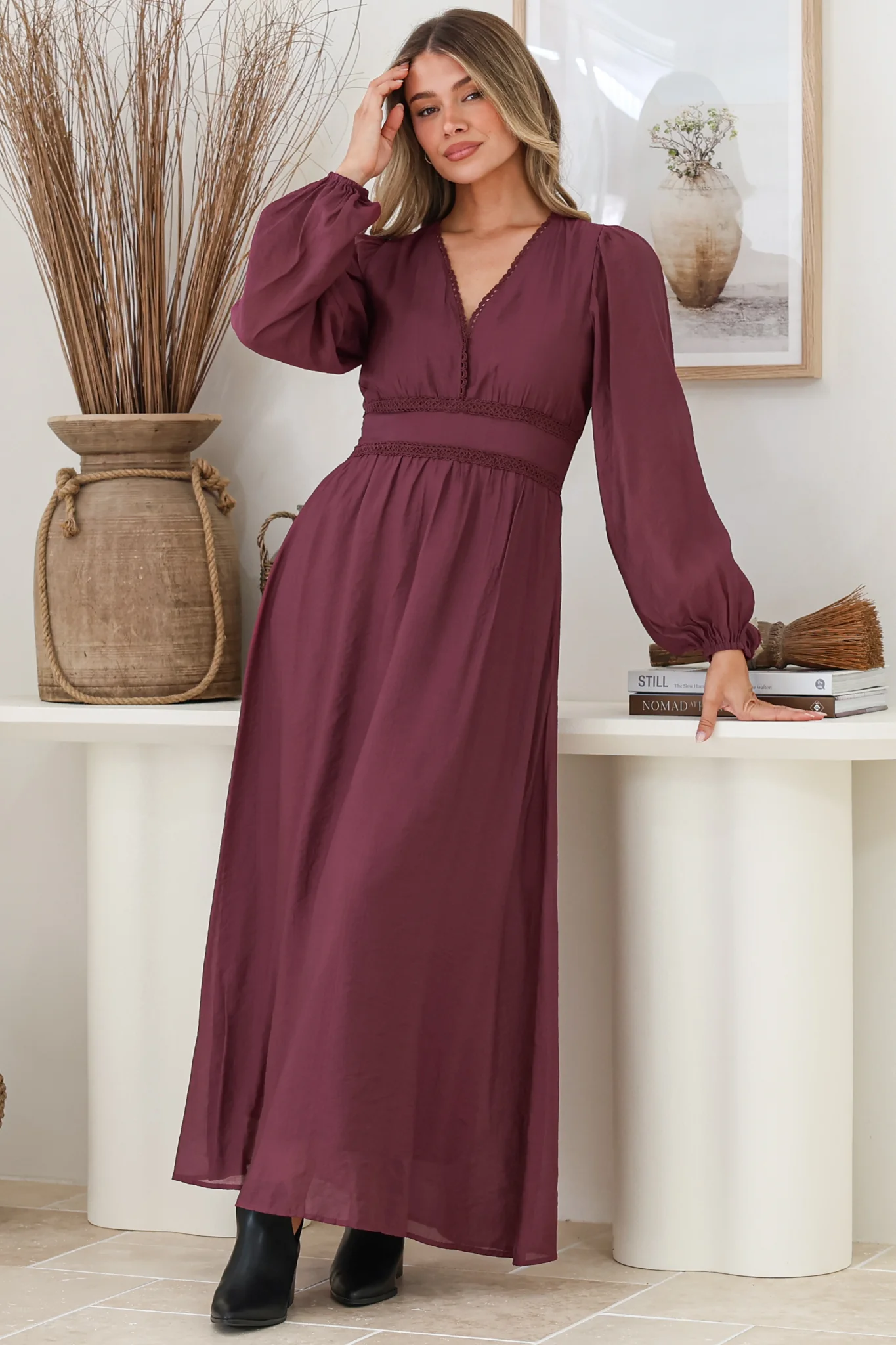 Lauder Maxi Dress - Lace Trim A-Line Dress with Balloon Sleeves in Plum - Image 3