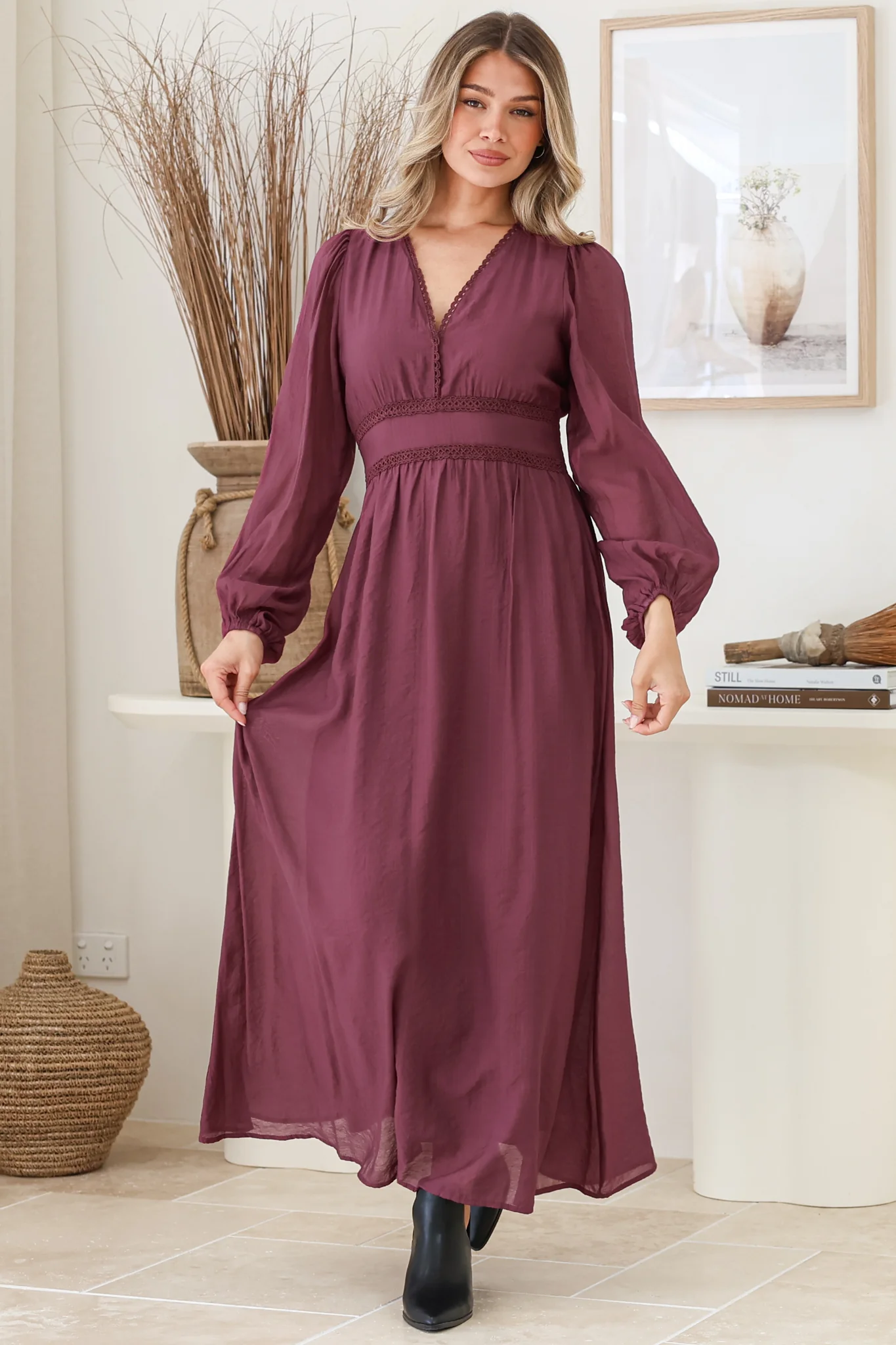 Lauder Maxi Dress - Lace Trim A-Line Dress with Balloon Sleeves in Plum - Image 4