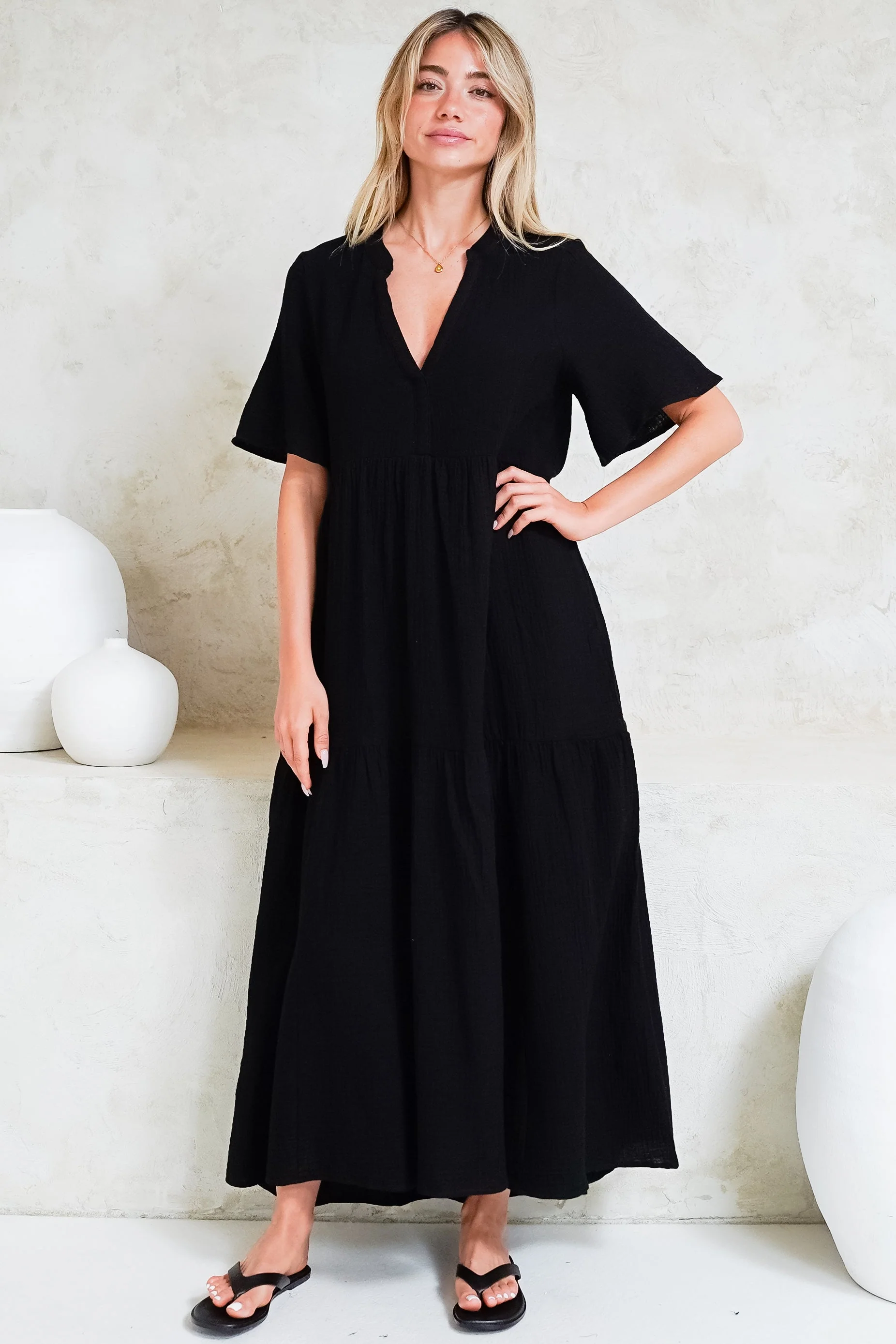 Laysa Maxi Dress - Mandarin Collar Short Sleeve Dress in Black - Image 2