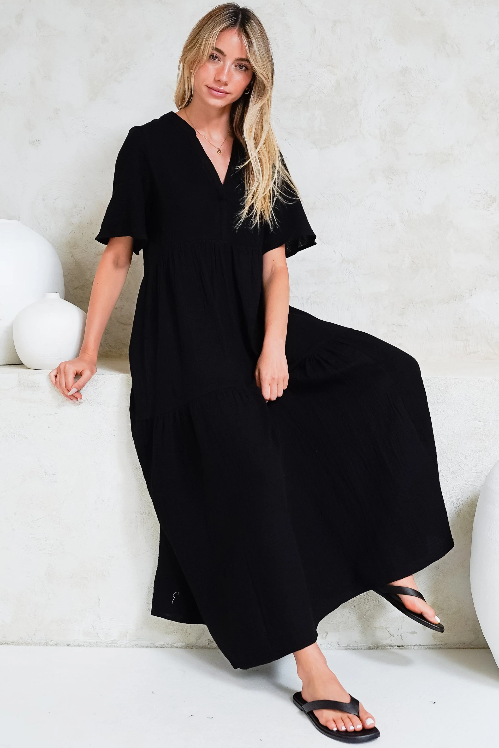 Laysa Maxi Dress - Mandarin Collar Short Sleeve Dress in Black - Image 3