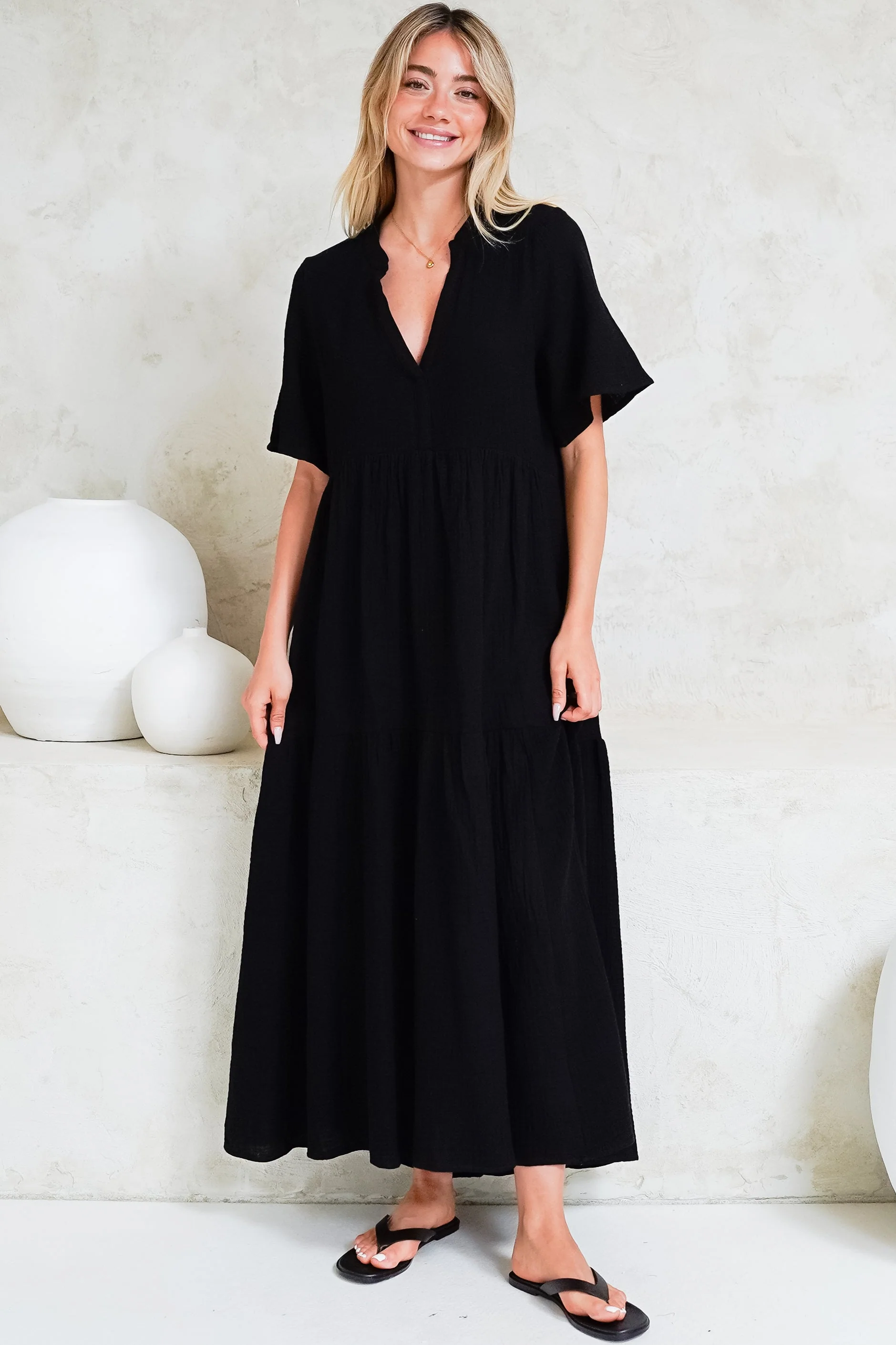 Laysa Maxi Dress - Mandarin Collar Short Sleeve Dress in Black - Image 4