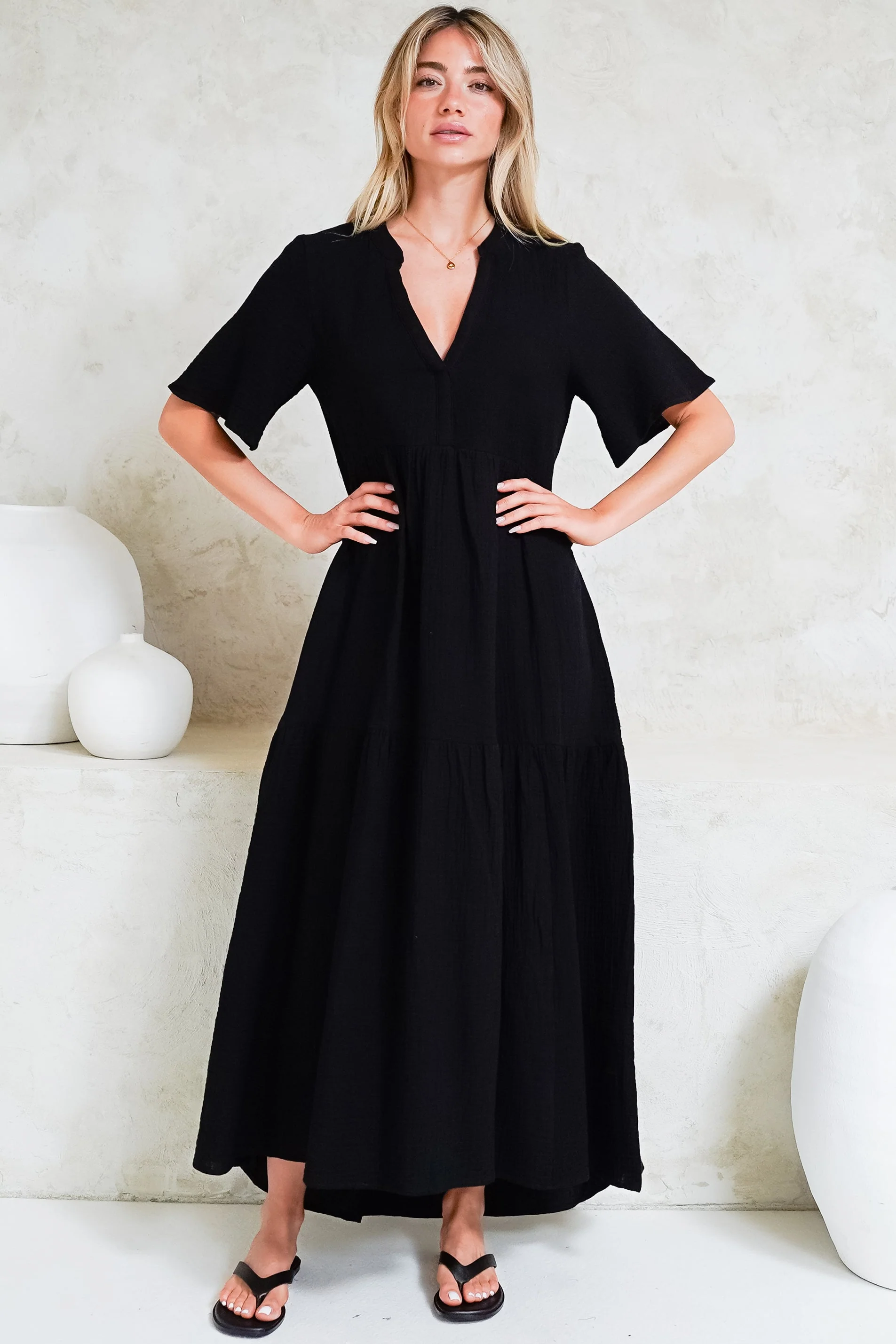 Laysa Maxi Dress - Mandarin Collar Short Sleeve Dress in Black - Image 5