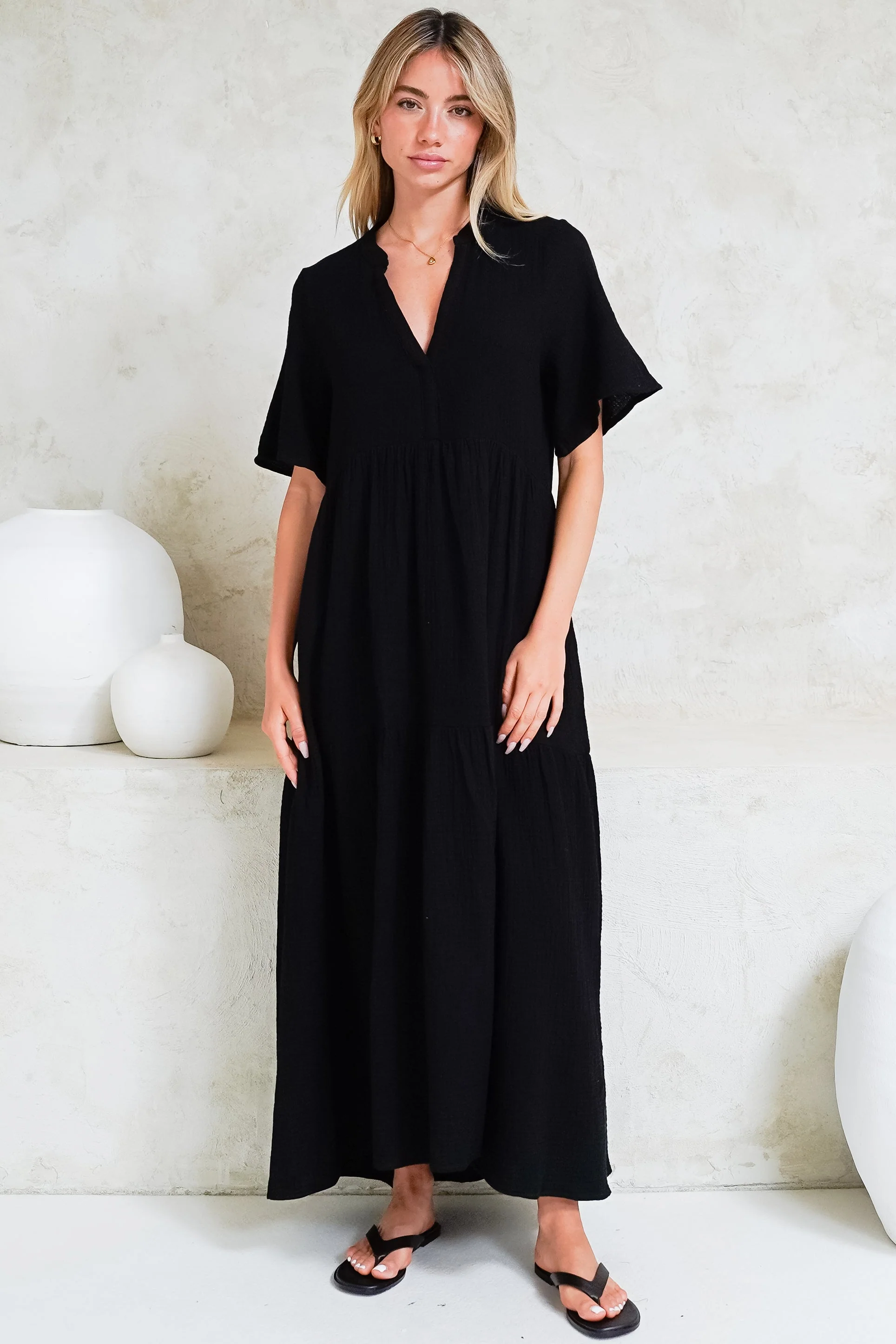Laysa Maxi Dress - Mandarin Collar Short Sleeve Dress in Black - Image 6