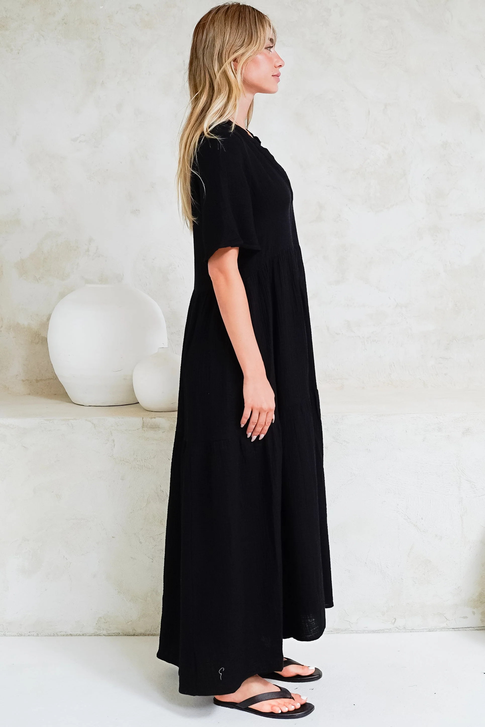 Laysa Maxi Dress - Mandarin Collar Short Sleeve Dress in Black - Image 7
