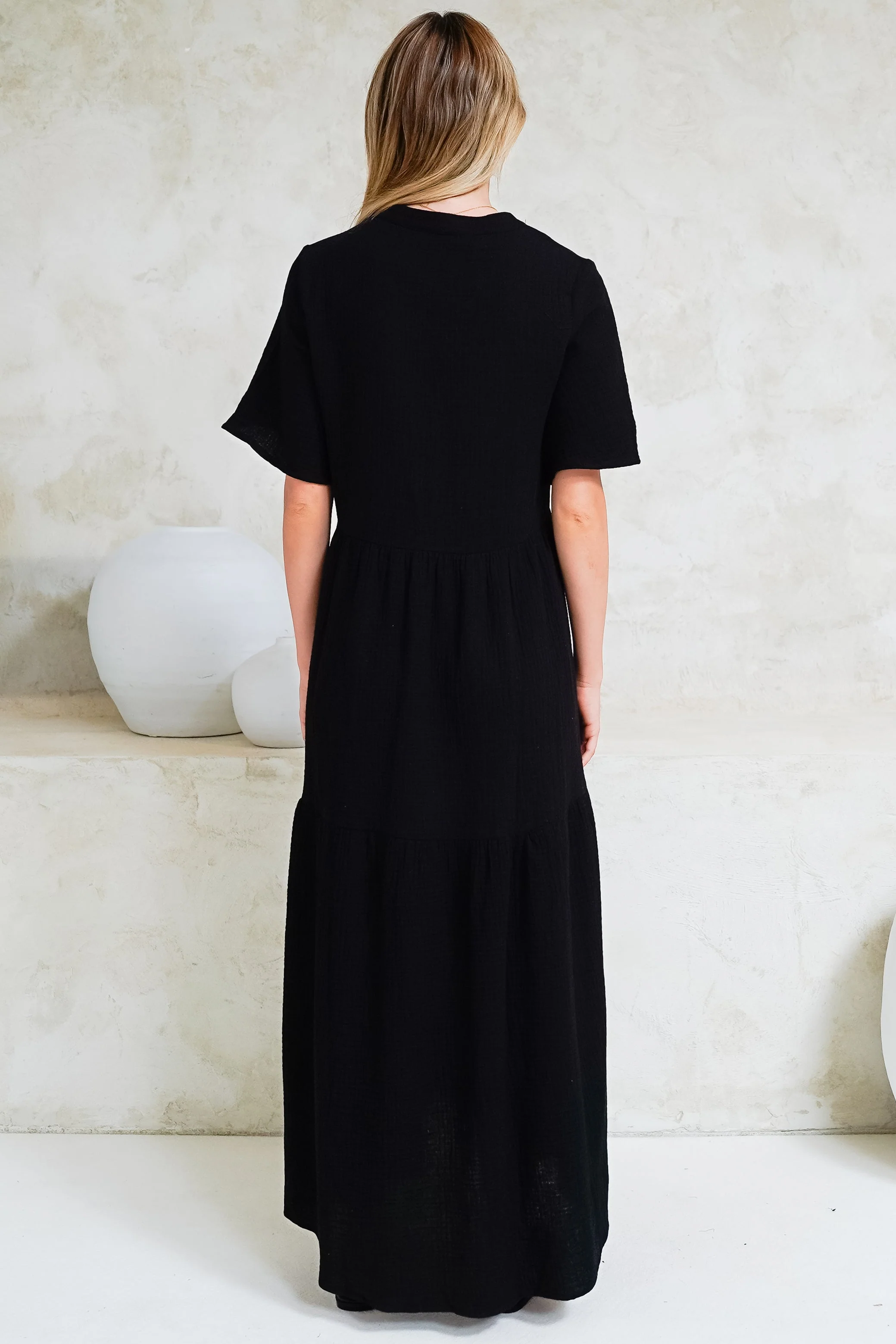 Laysa Maxi Dress - Mandarin Collar Short Sleeve Dress in Black - Image 8