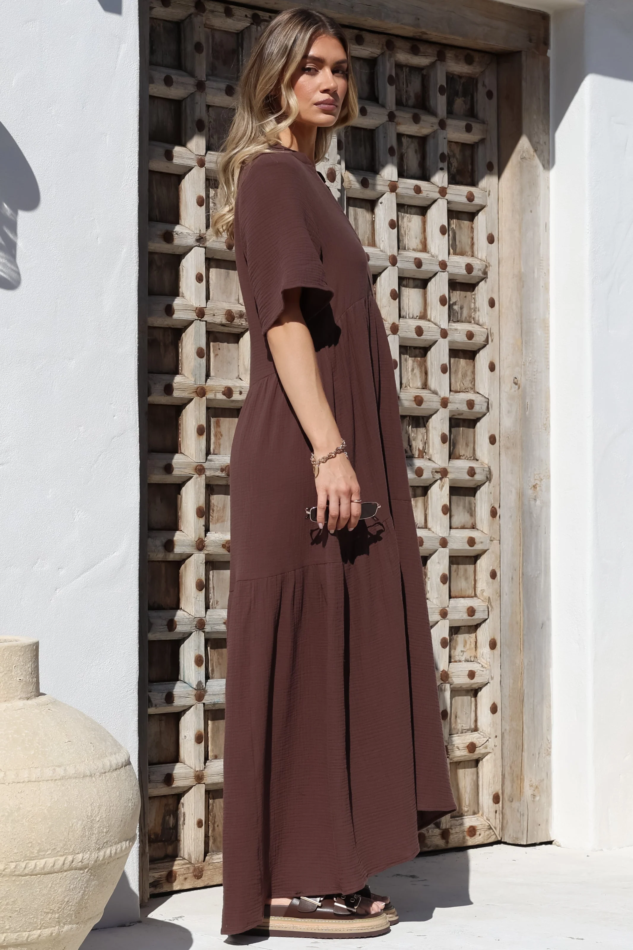 Laysa Maxi Dress - Mandarin Collar Short Sleeve Dress in Chocolate - Image 11