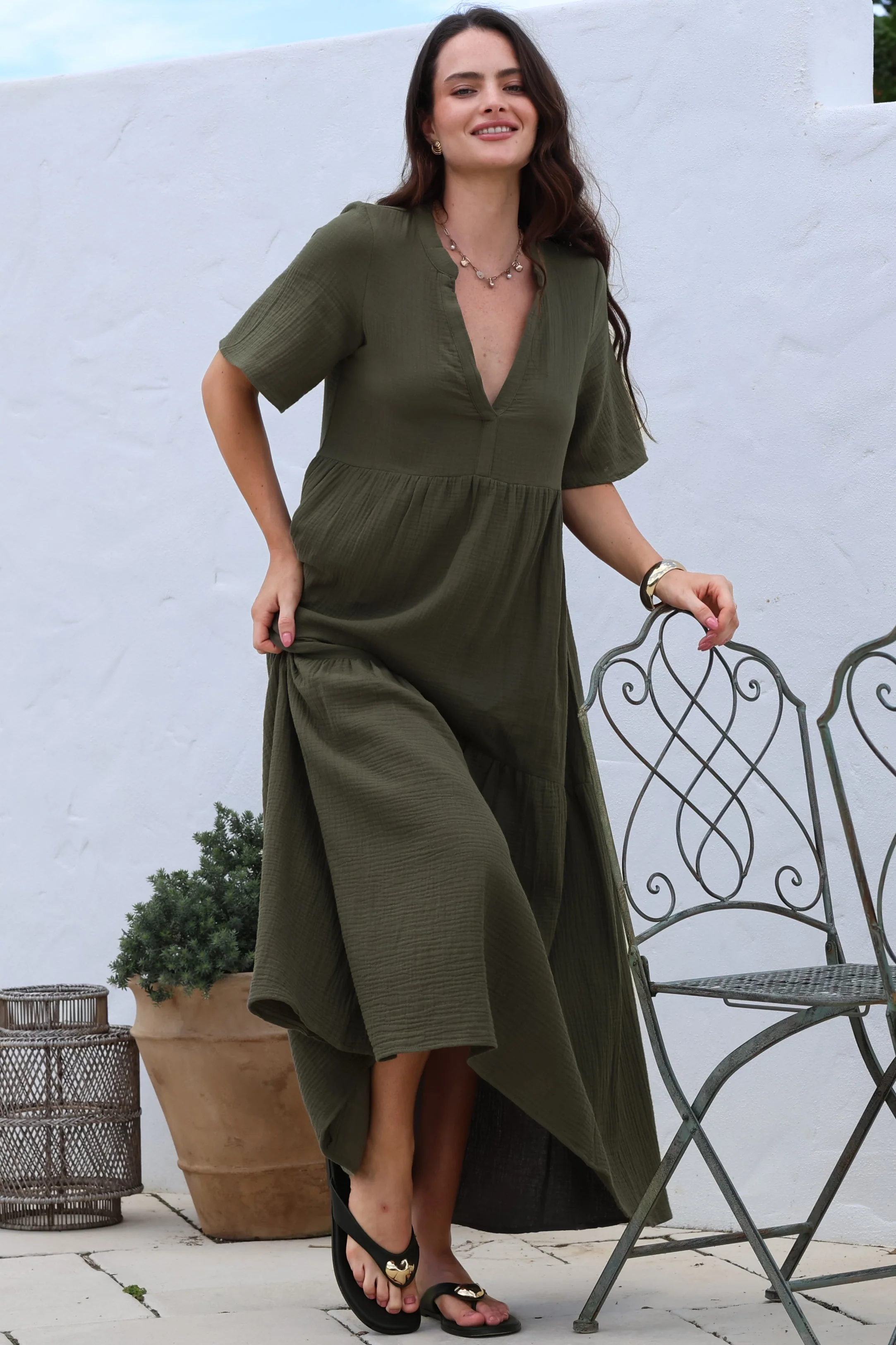 Laysa Maxi Dress - Mandarin Collar Short Sleeve Dress in Khaki - Image 2