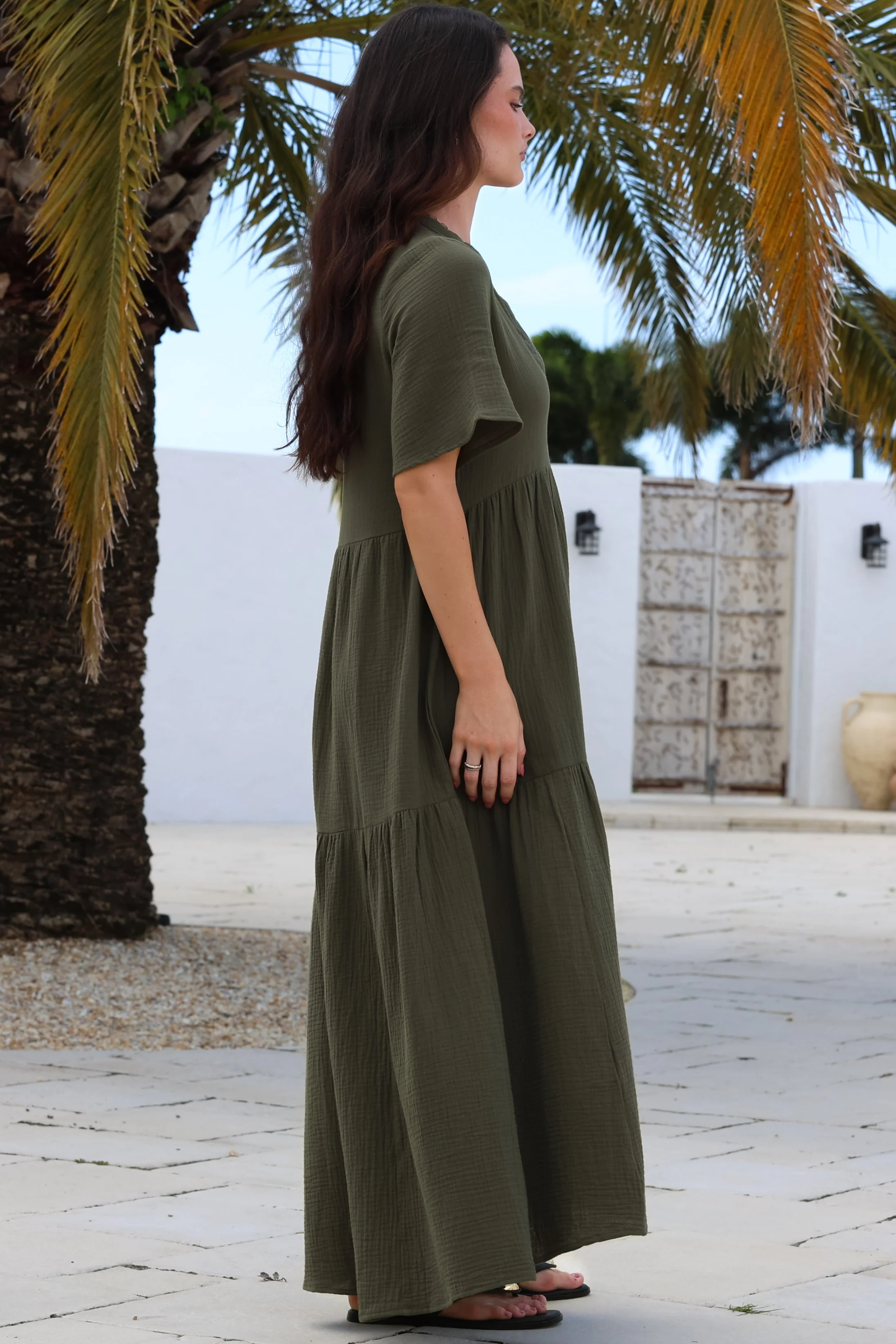 Laysa Maxi Dress - Mandarin Collar Short Sleeve Dress in Khaki - Image 6
