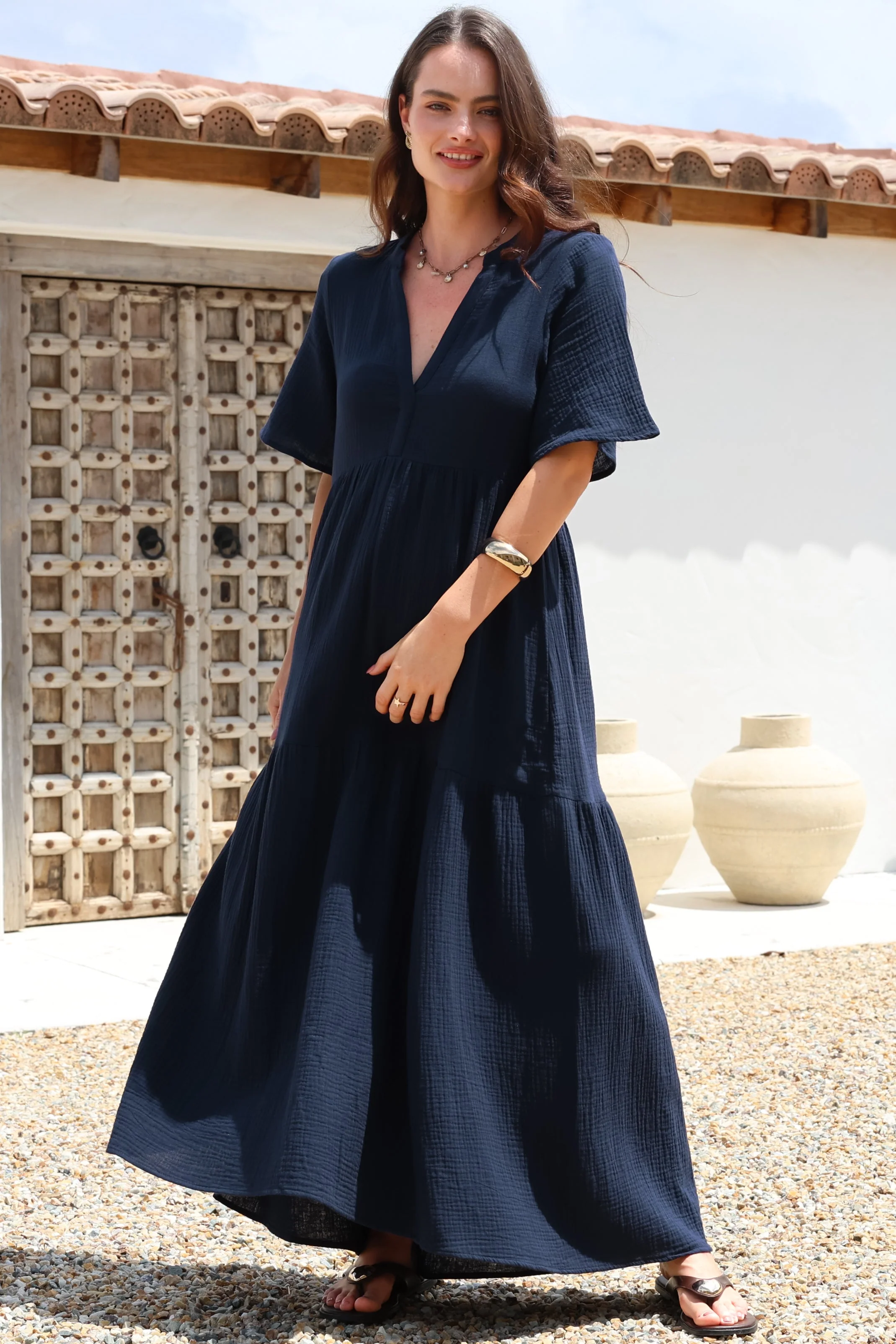 Laysa Maxi Dress - Mandarin Collar Short Sleeve Dress in Navy - Image 2