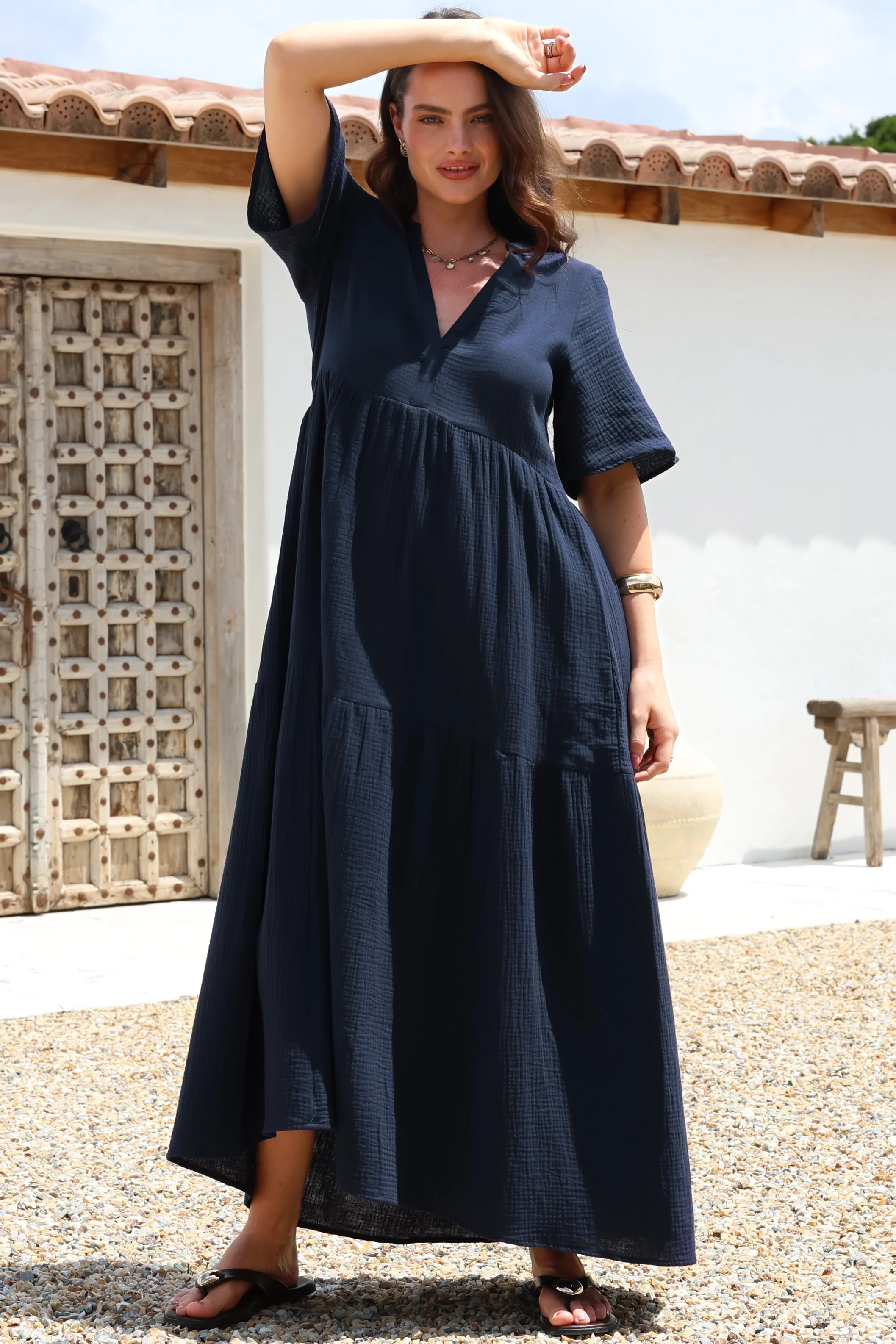 Laysa Maxi Dress - Mandarin Collar Short Sleeve Dress in Navy - Image 3