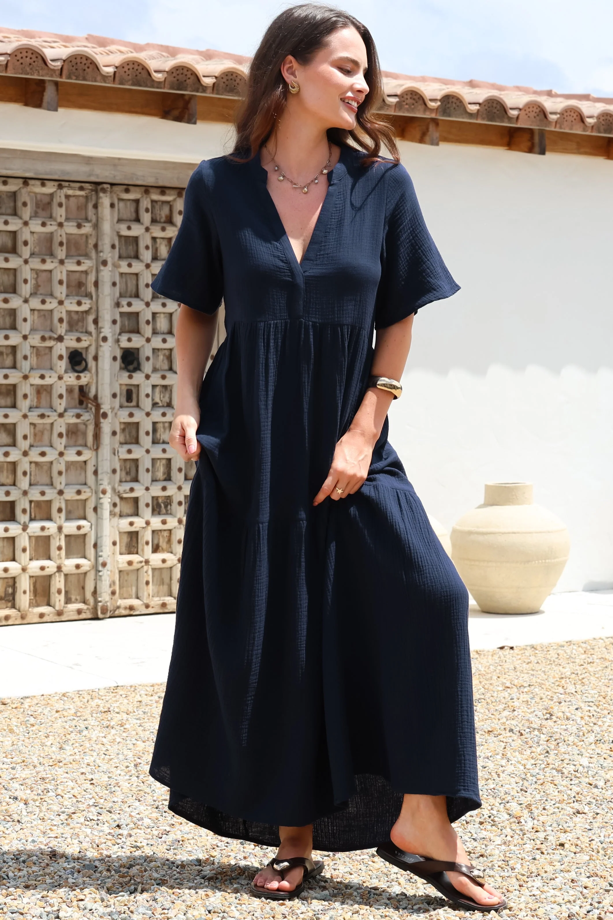 Laysa Maxi Dress - Mandarin Collar Short Sleeve Dress in Navy - Image 4