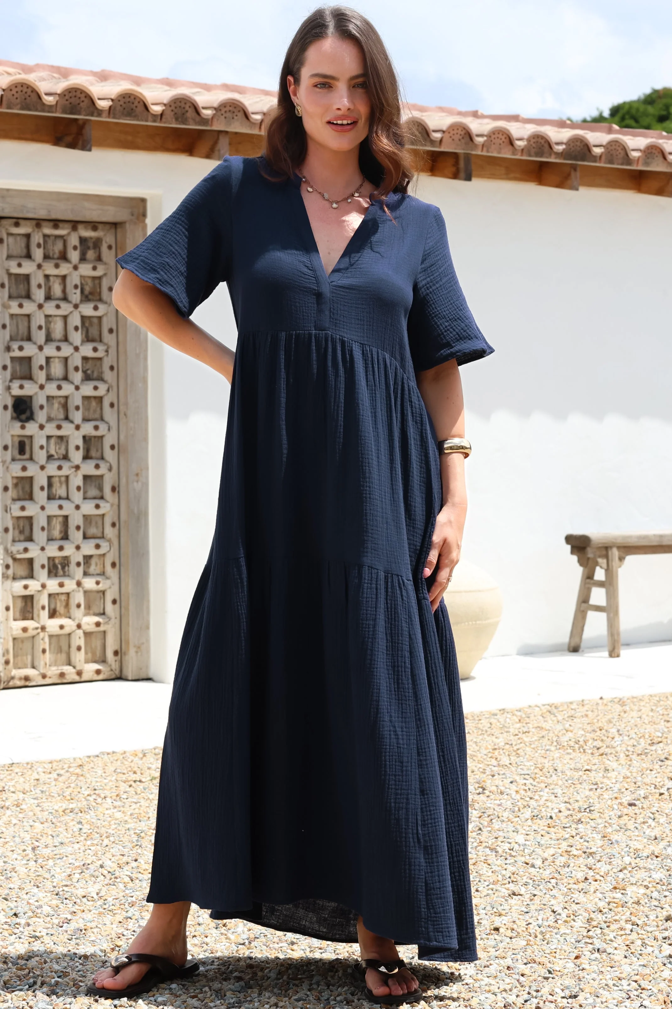 Laysa Maxi Dress - Mandarin Collar Short Sleeve Dress in Navy - Image 5