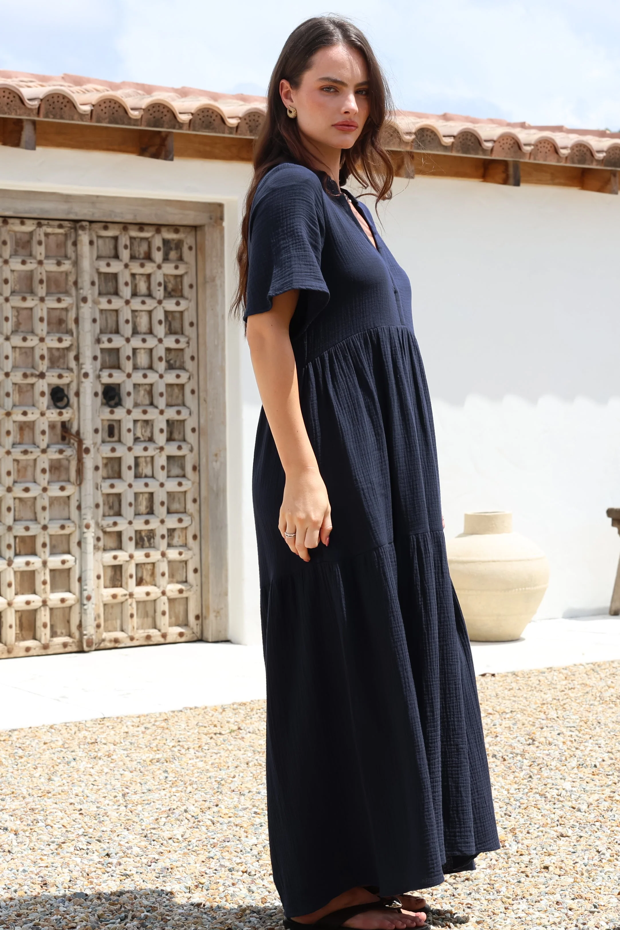 Laysa Maxi Dress - Mandarin Collar Short Sleeve Dress in Navy - Image 7