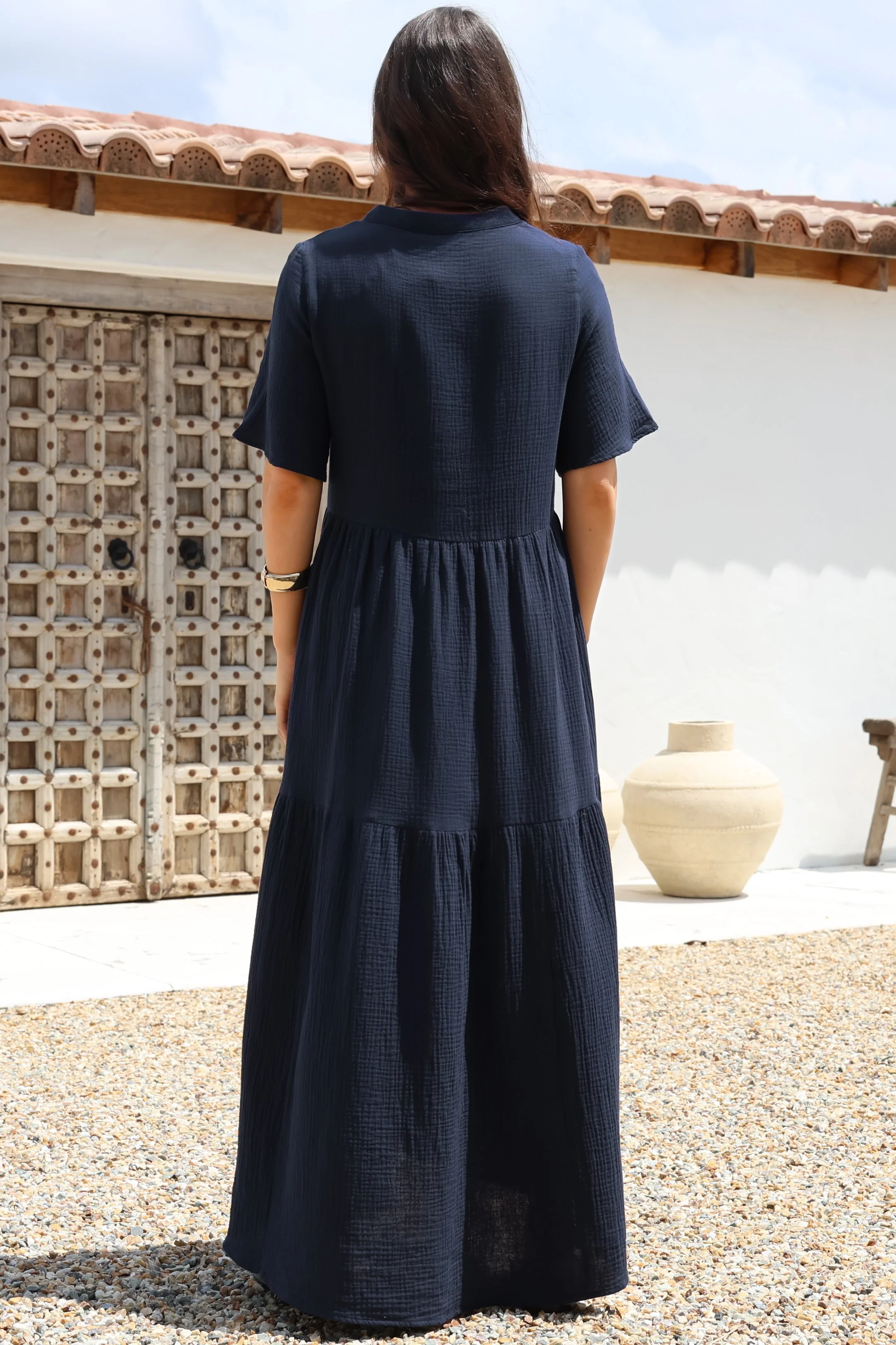 Laysa Maxi Dress - Mandarin Collar Short Sleeve Dress in Navy - Image 8