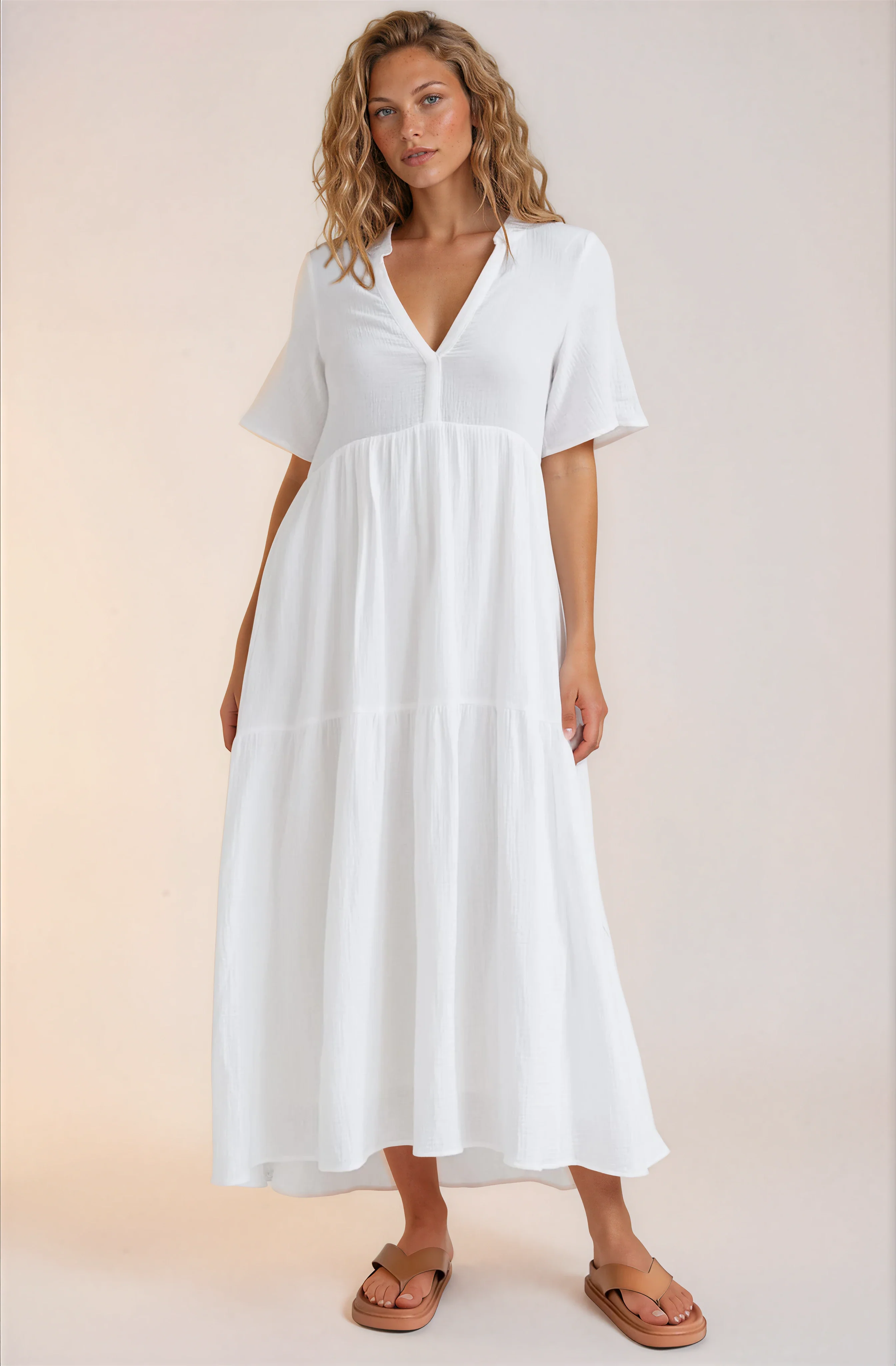 Laysa Maxi Dress - Mandarin Collar Short Sleeve Dress in White - Image 2