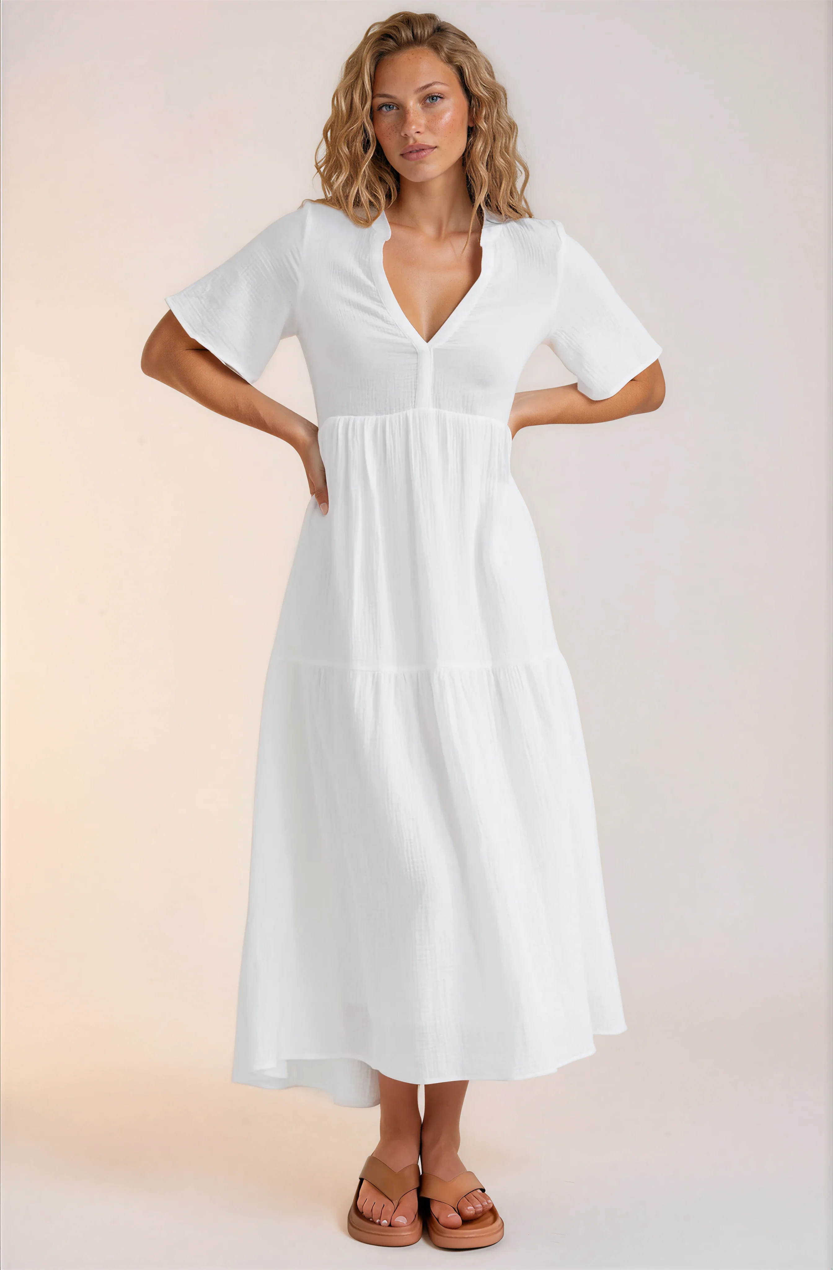 Laysa Maxi Dress - Mandarin Collar Short Sleeve Dress in White - Image 3