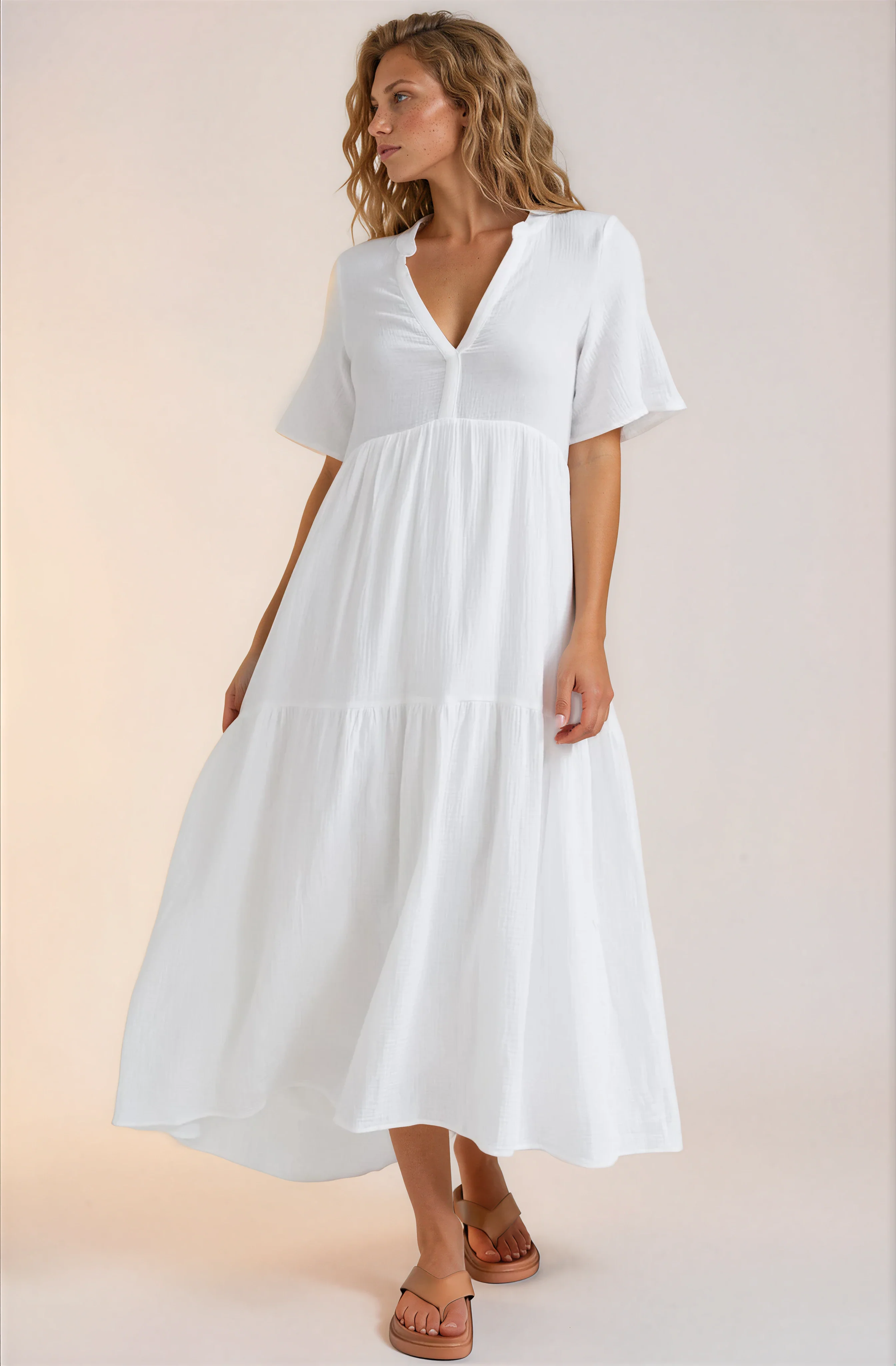 Laysa Maxi Dress - Mandarin Collar Short Sleeve Dress in White - Image 4