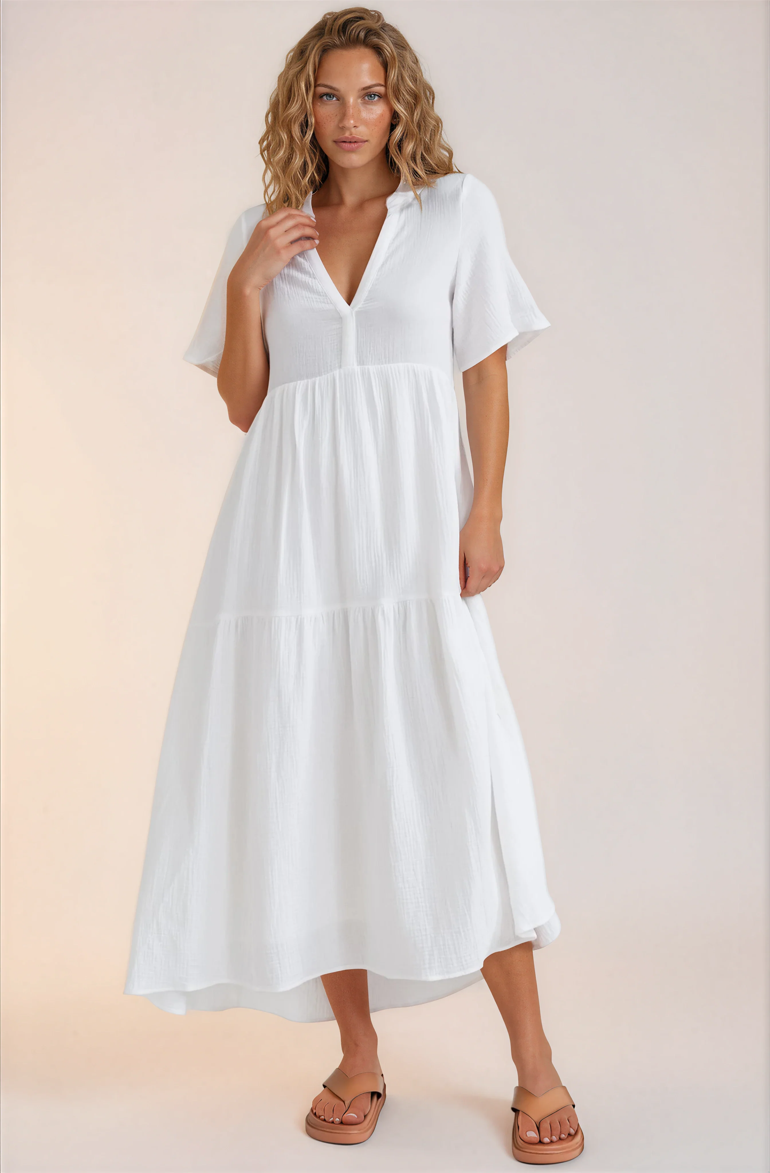Laysa Maxi Dress - Mandarin Collar Short Sleeve Dress in White - Image 5