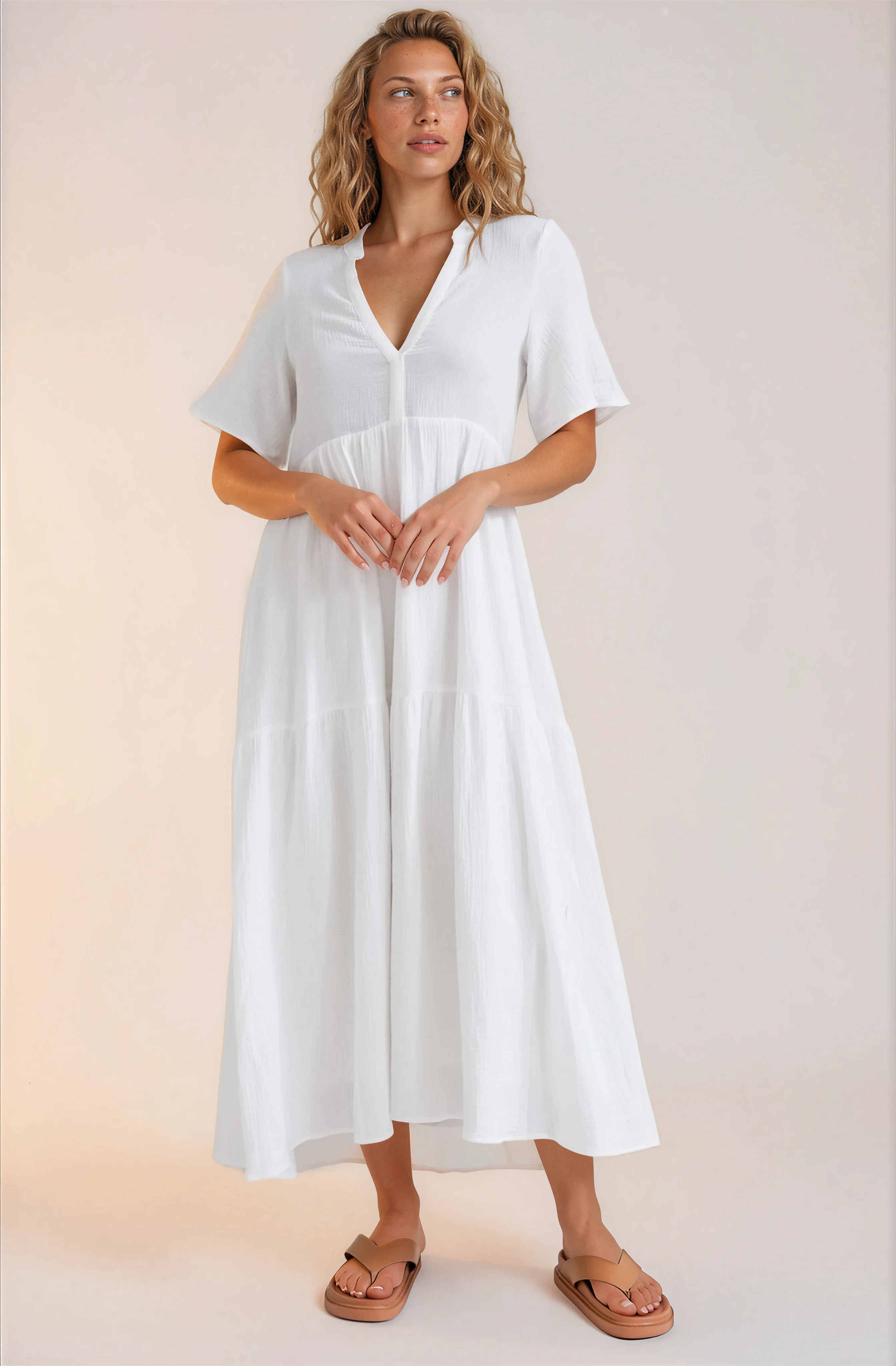 Laysa Maxi Dress - Mandarin Collar Short Sleeve Dress in White - Image 6