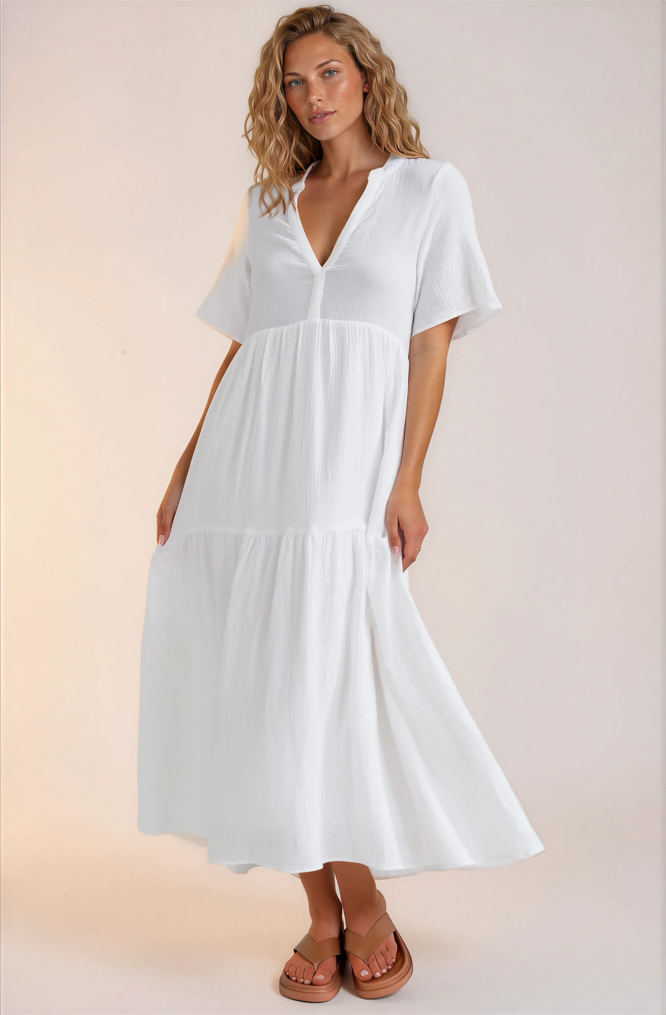 Laysa Maxi Dress - Mandarin Collar Short Sleeve Dress in White - Image 7