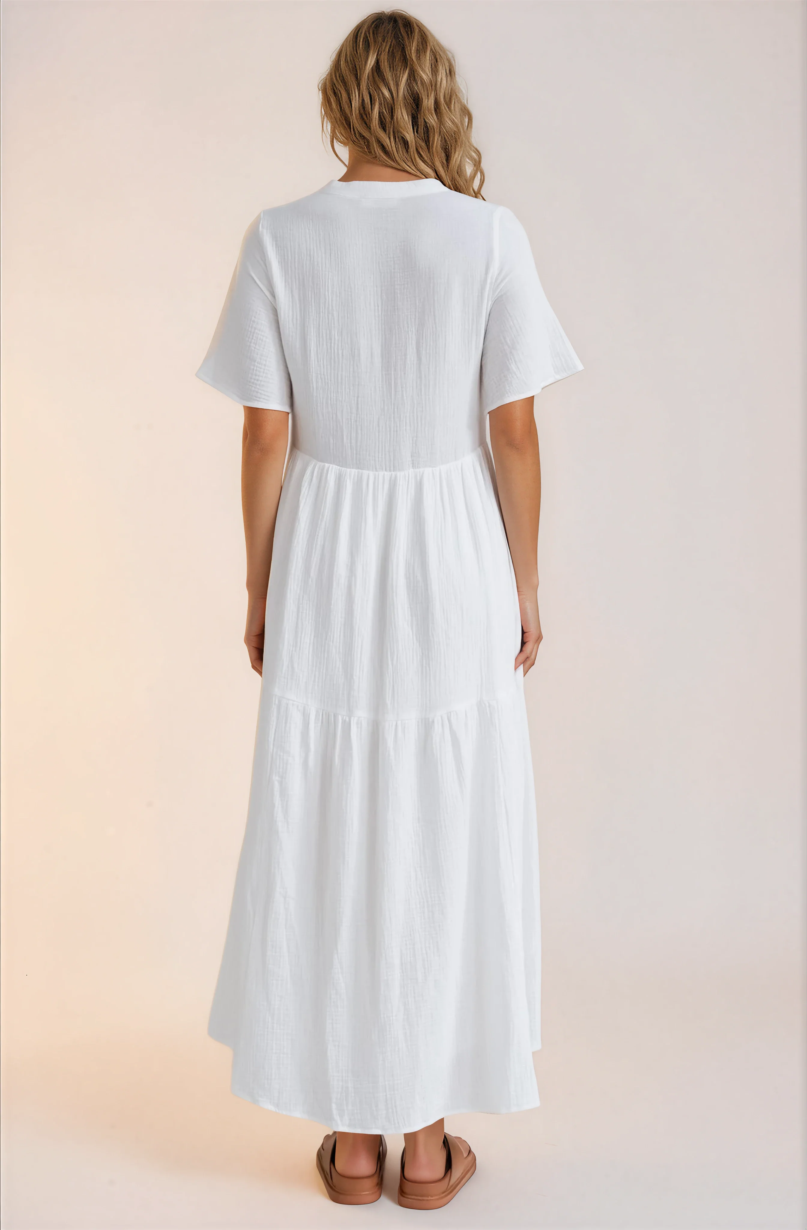 Laysa Maxi Dress - Mandarin Collar Short Sleeve Dress in White - Image 9