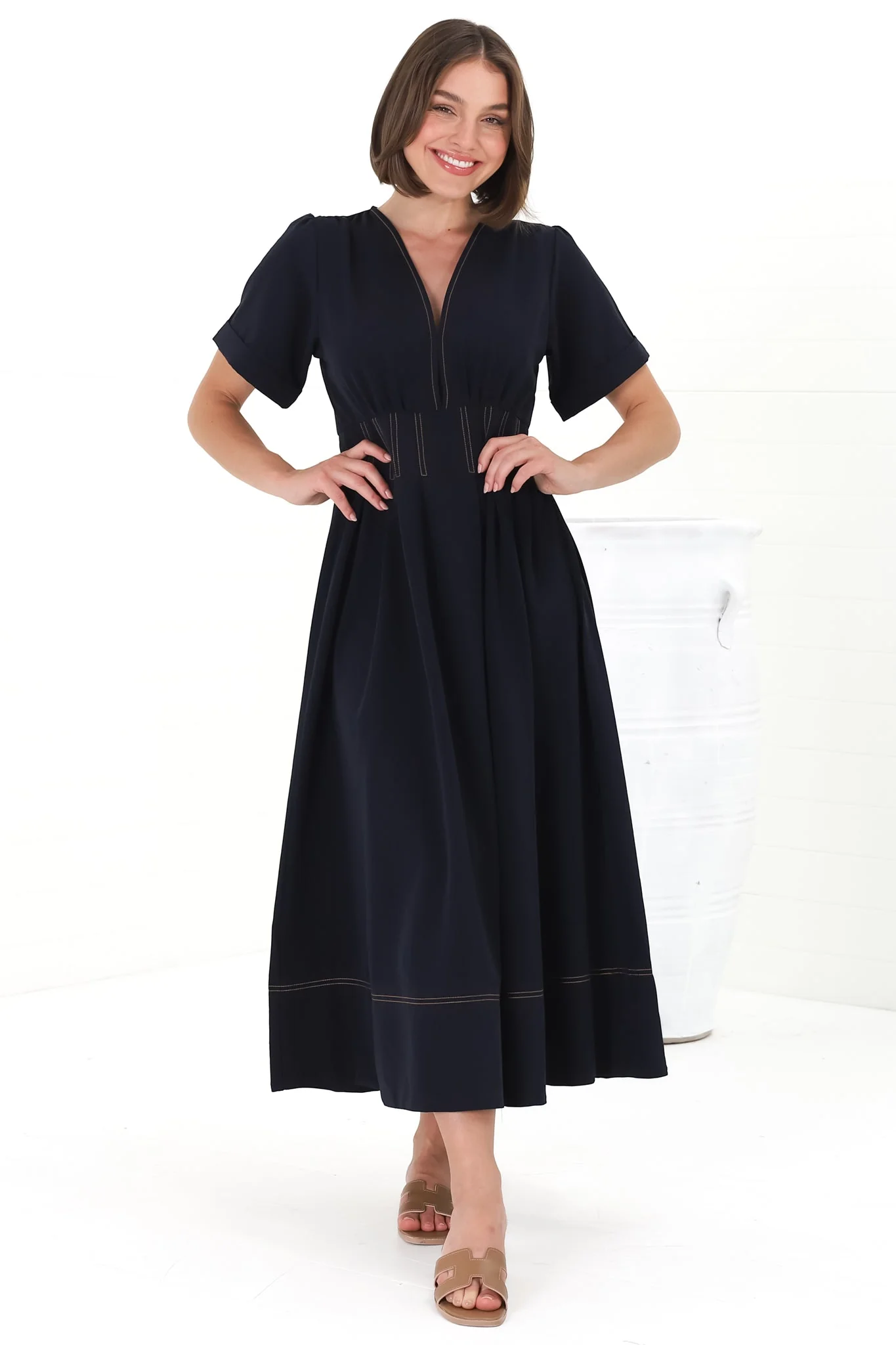 Lazelle Midi Dress - V-Neck Short Sleeve A-Line Dress with Elasticated Waist in Navy - Image 2