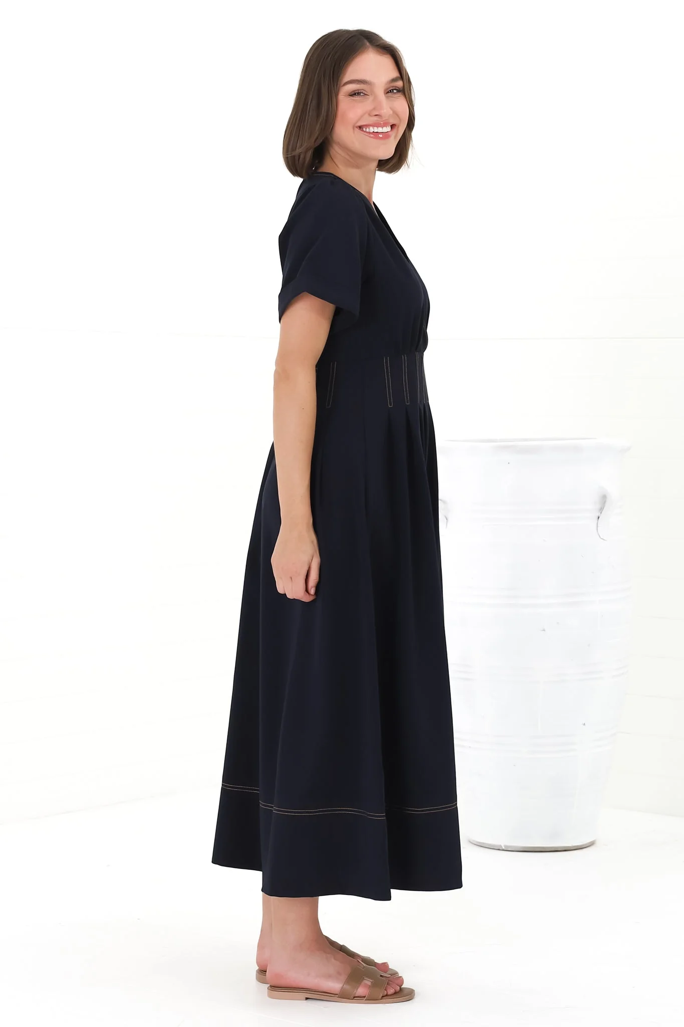 Lazelle Midi Dress - V-Neck Short Sleeve A-Line Dress with Elasticated Waist in Navy - Image 6