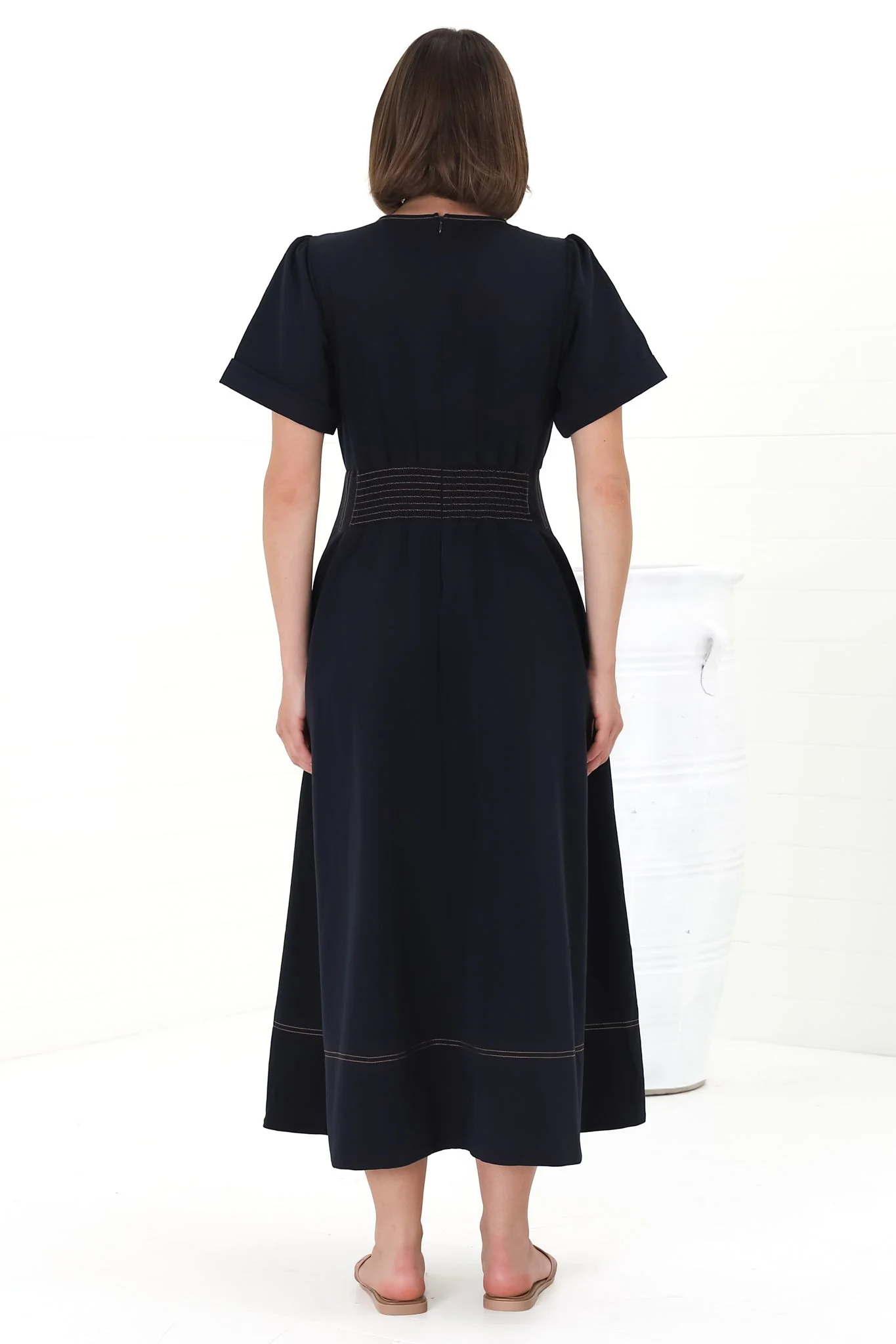 Lazelle Midi Dress - V-Neck Short Sleeve A-Line Dress with Elasticated Waist in Navy - Image 7