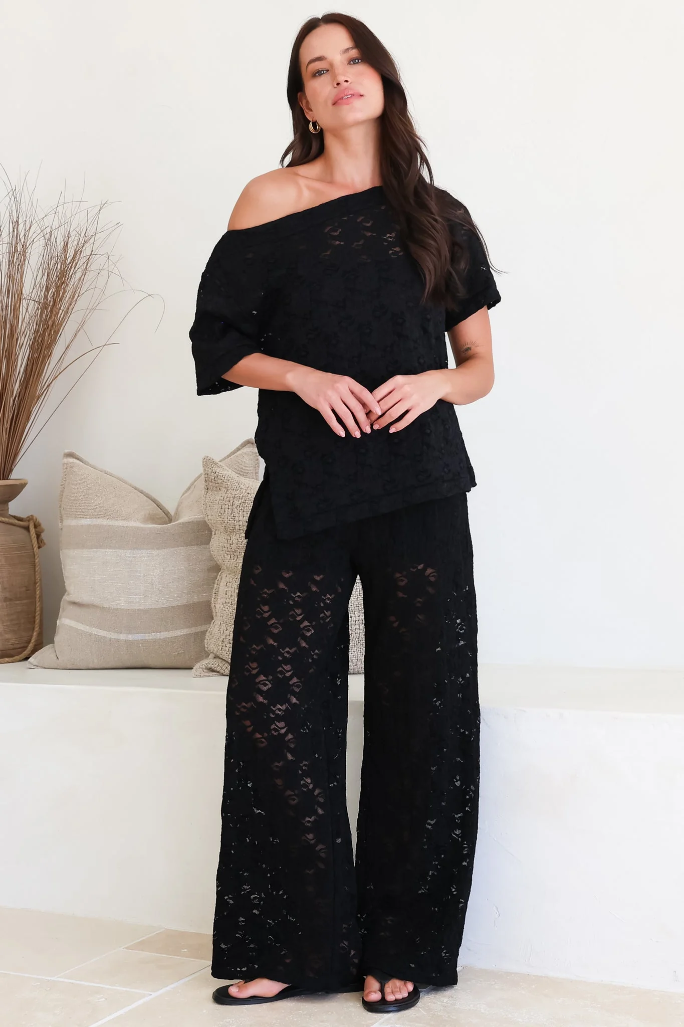 Lenka Lace Pants - High Waisted Floral Lace Pants with Built in Shorts in Black - Image 3