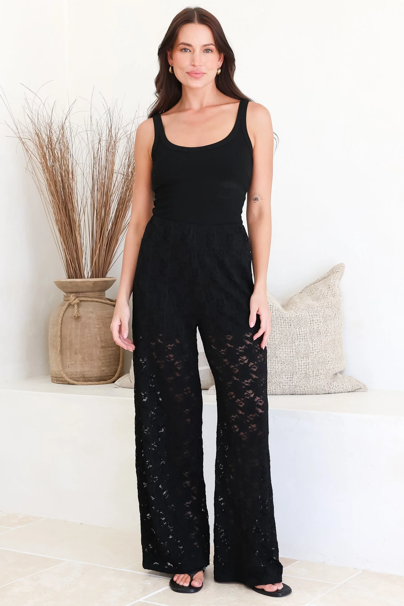 Lenka Lace Pants - High Waisted Floral Lace Pants with Built in Shorts in Black - Image 4