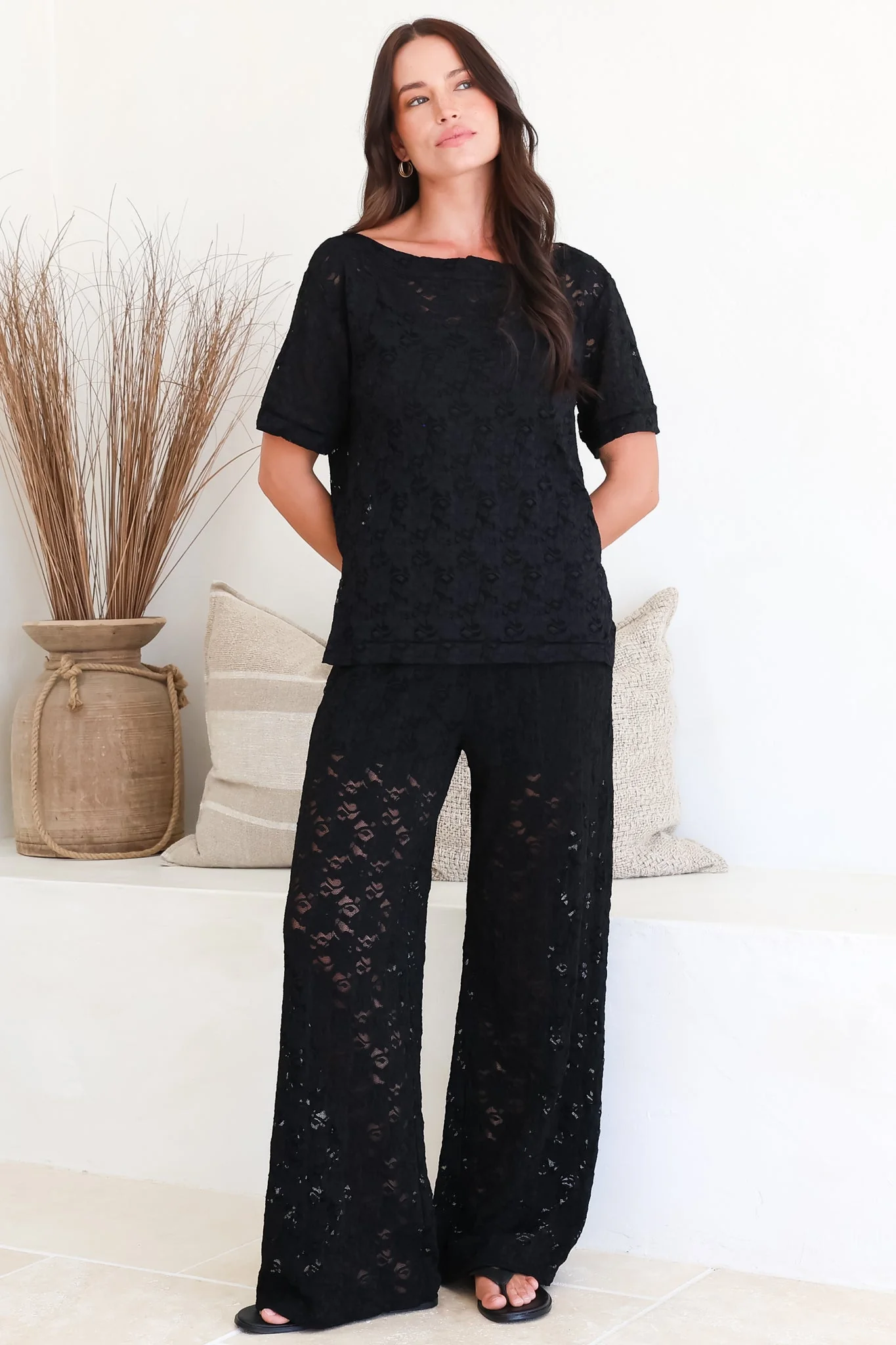 Lenka Lace Pants - High Waisted Floral Lace Pants with Built in Shorts in Black - Image 7