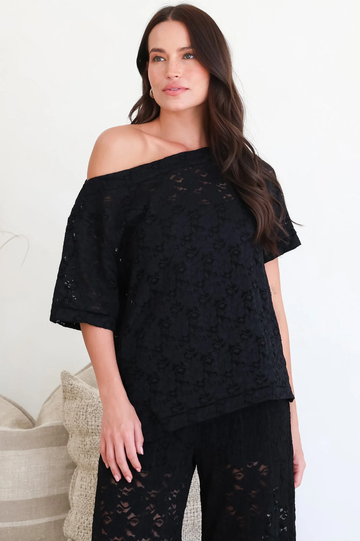 Lenka Lace Top - Asymmetric Relaxed Floral Lace Tee with Side Splits in Black - Image 2