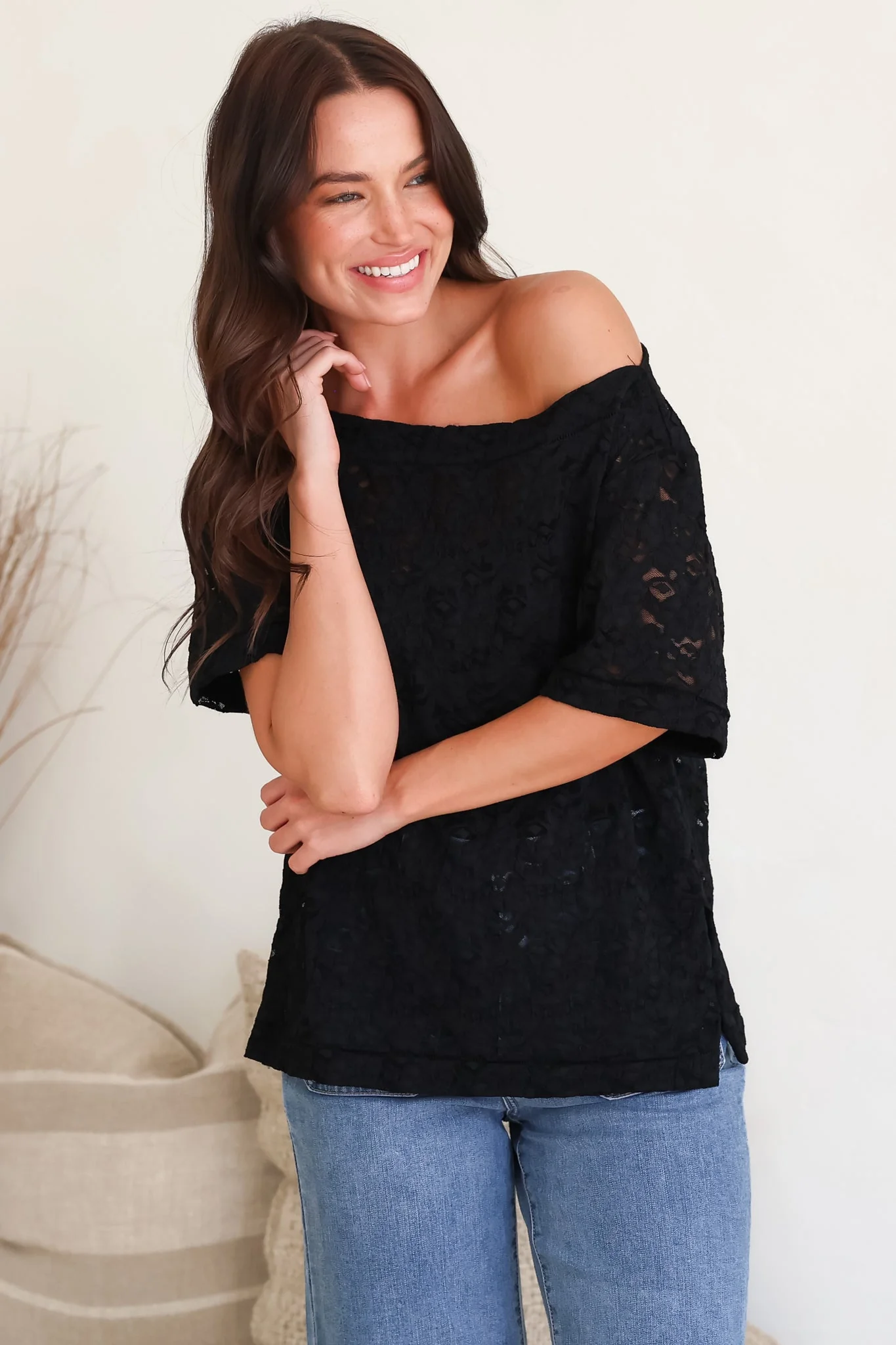Lenka Lace Top - Asymmetric Relaxed Floral Lace Tee with Side Splits in Black - Image 3