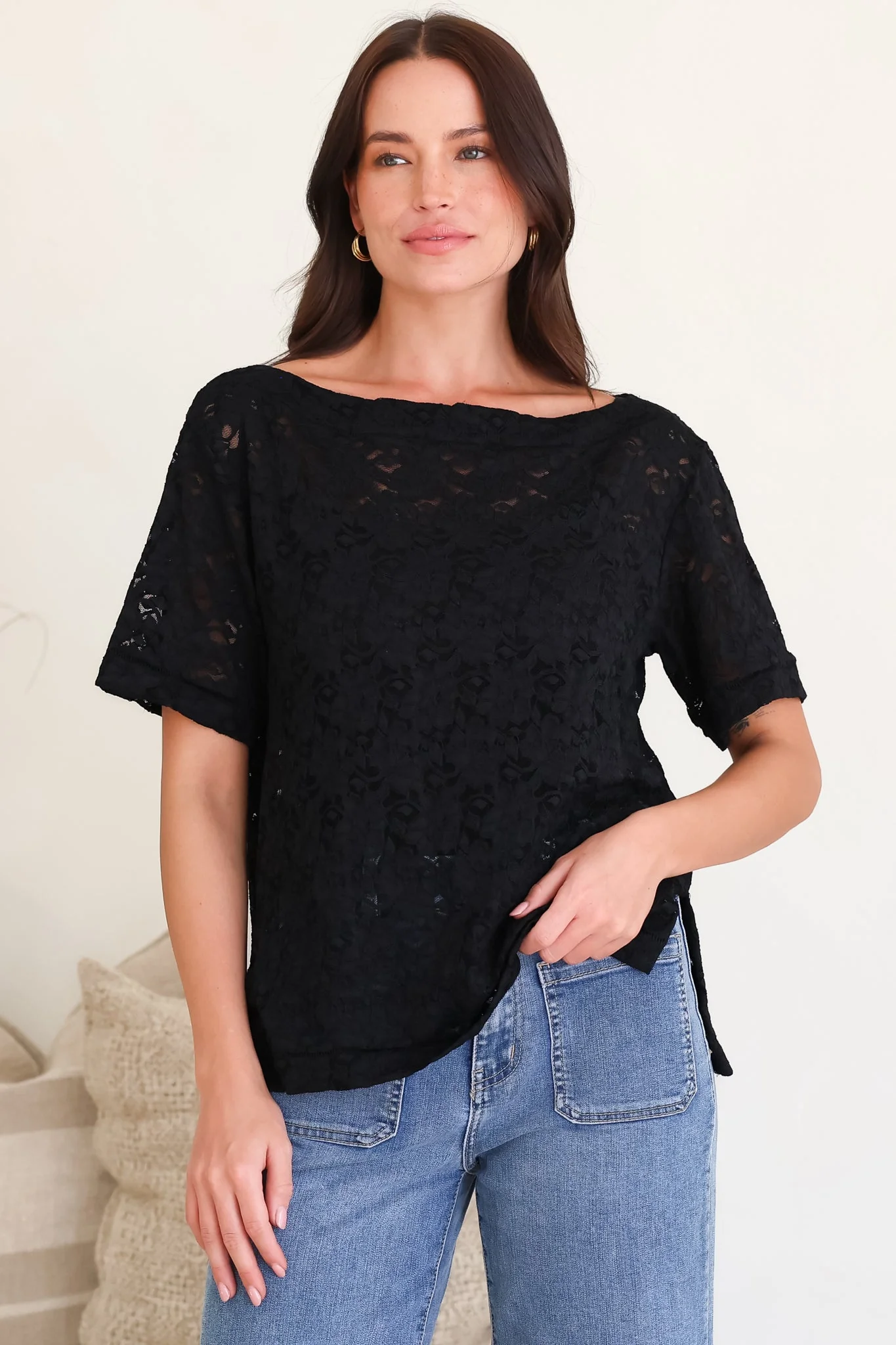 Lenka Lace Top - Asymmetric Relaxed Floral Lace Tee with Side Splits in Black - Image 7