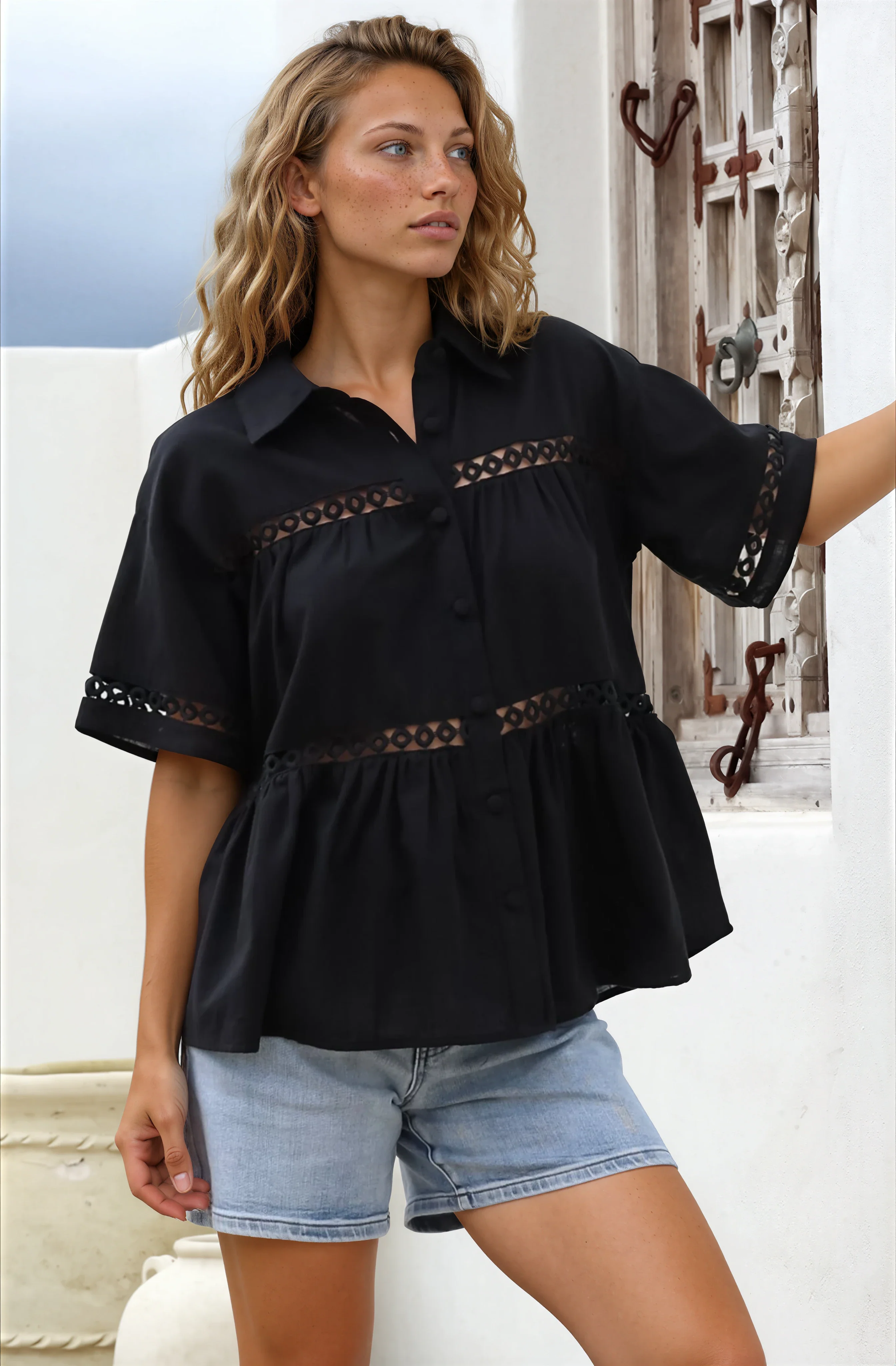 Leyana Shirt - Collared Cut Out Insert Button Down in Black - Image 4
