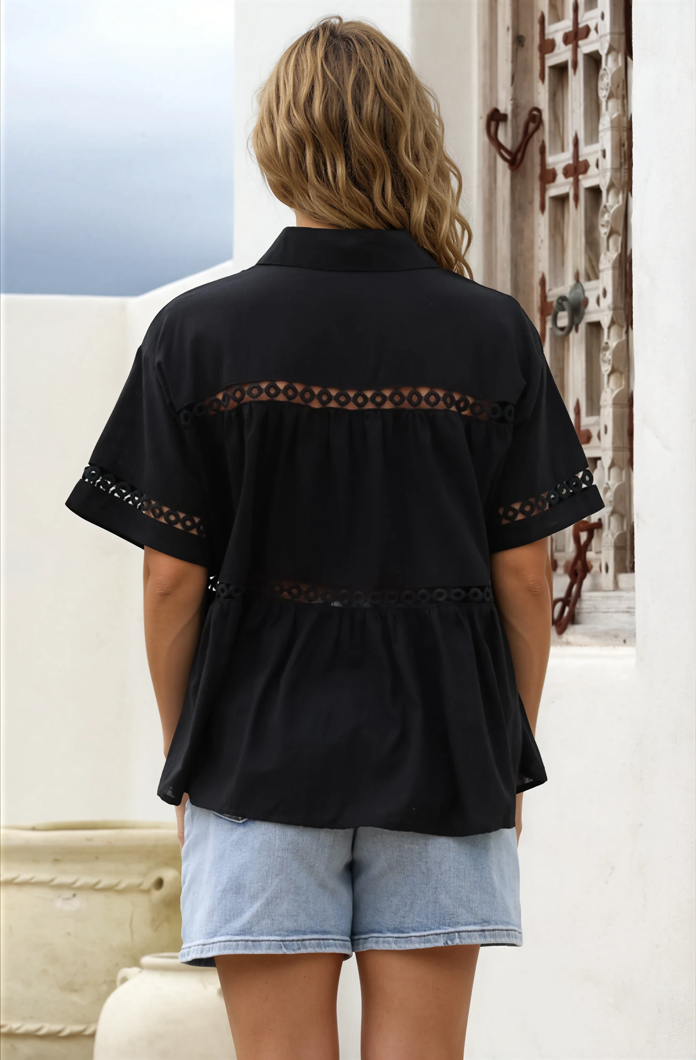 Leyana Shirt - Collared Cut Out Insert Button Down in Black - Image 6