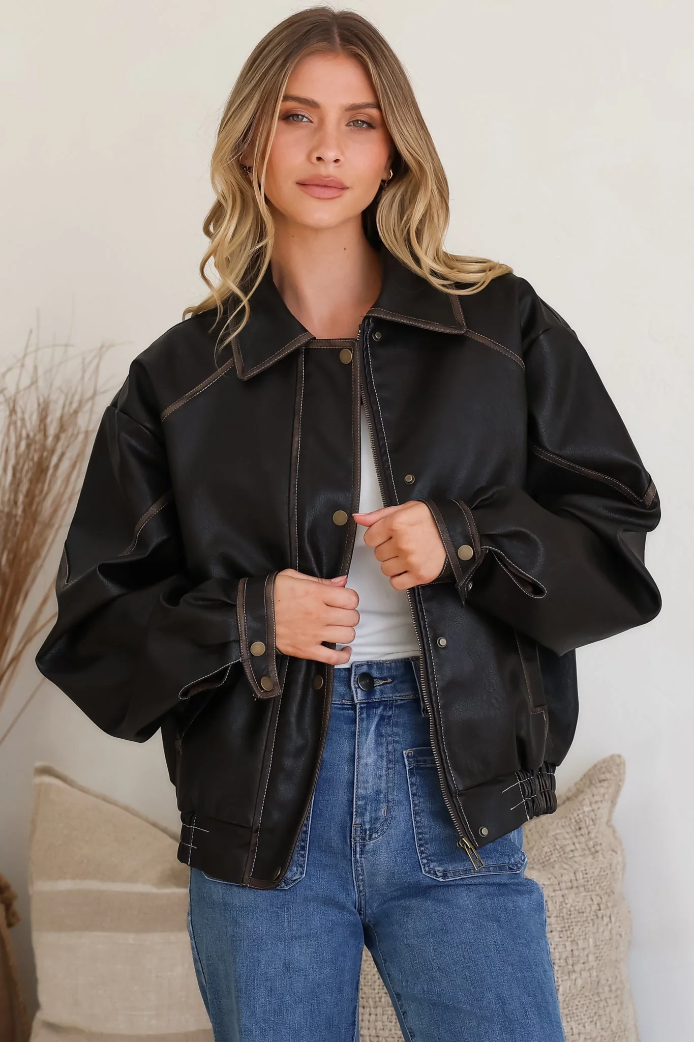 Liano Jacket - Notched Collar PU Leather Constrast Stitch Utility-Style Jacket in Brown