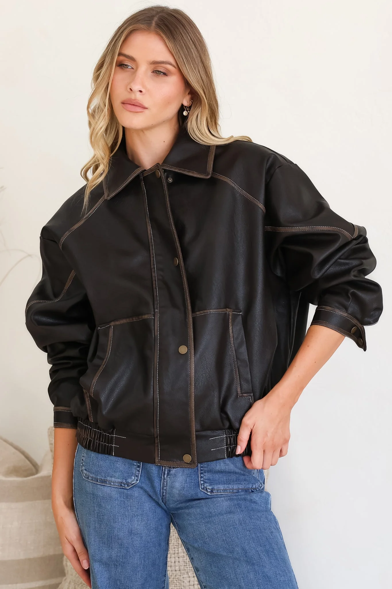 Liano Jacket - Notched Collar PU Leather Constrast Stitch Utility-Style Jacket in Brown - Image 10